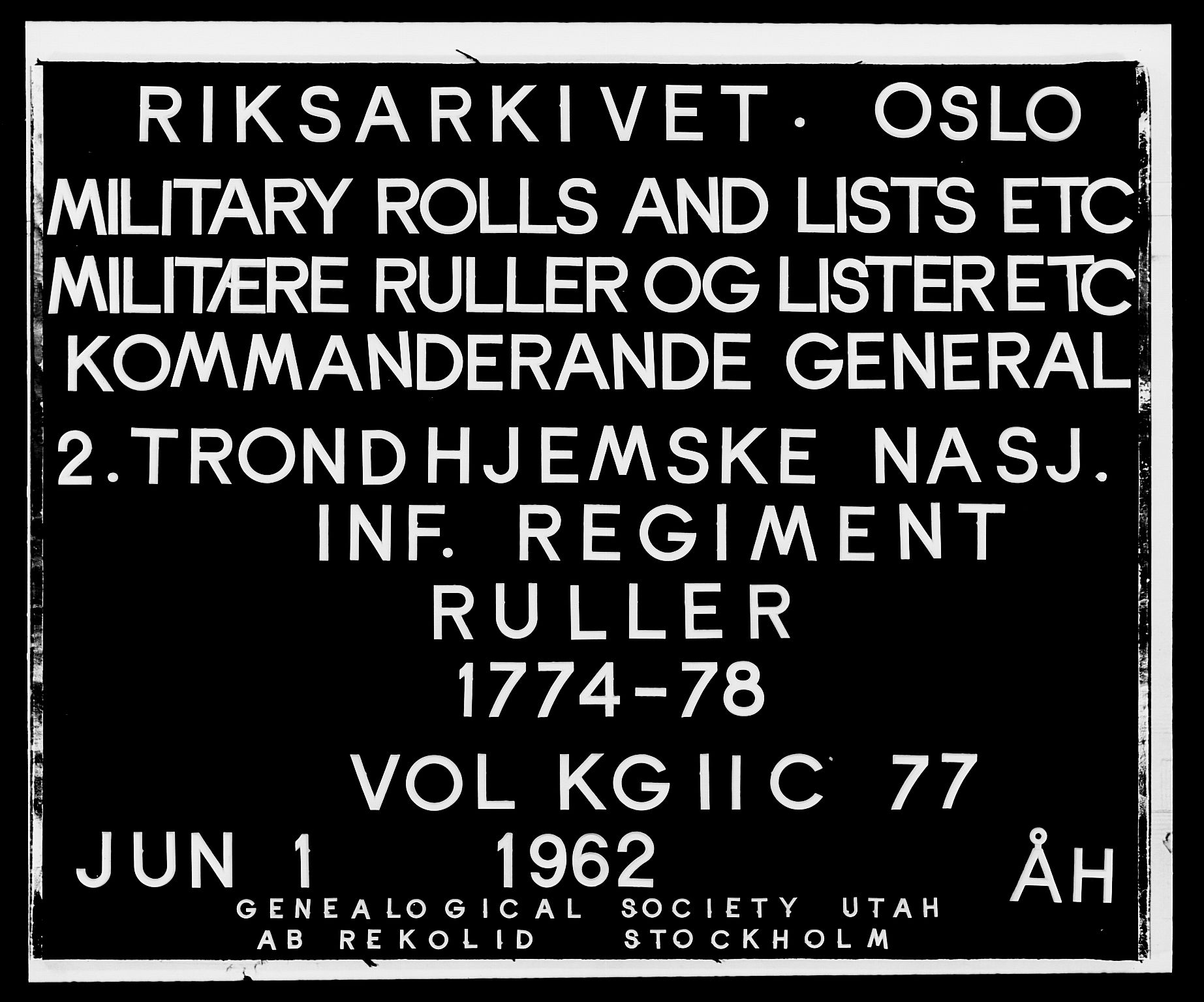 Generalitets- og kommissariatskollegiet, Det kongelige norske kommissariatskollegium, RA/EA-5420/E/Eh/L0077: 2. Trondheimske nasjonale infanteriregiment, 1774-1778, p. 1