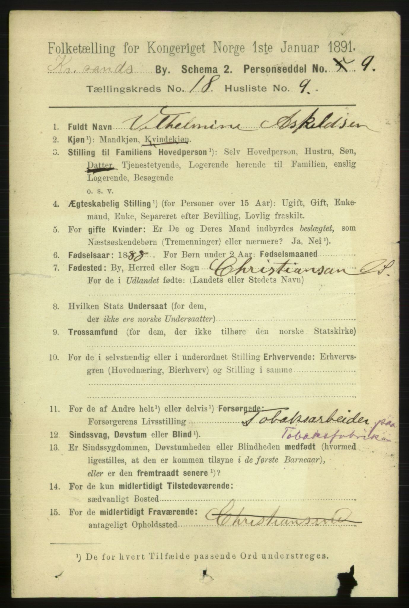 RA, 1891 census for 1001 Kristiansand, 1891, p. 7291