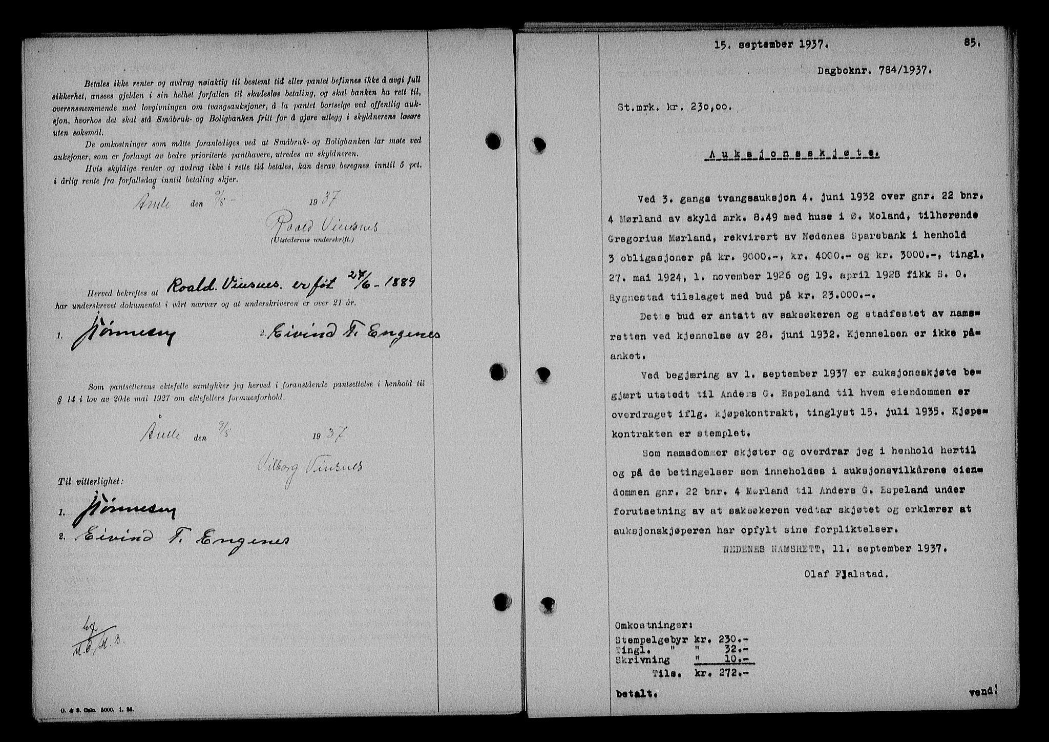 Nedenes sorenskriveri, AV/SAK-1221-0006/G/Gb/Gba/L0044: Mortgage book no. 40, 1937-1938, Diary no: : 784/1937
