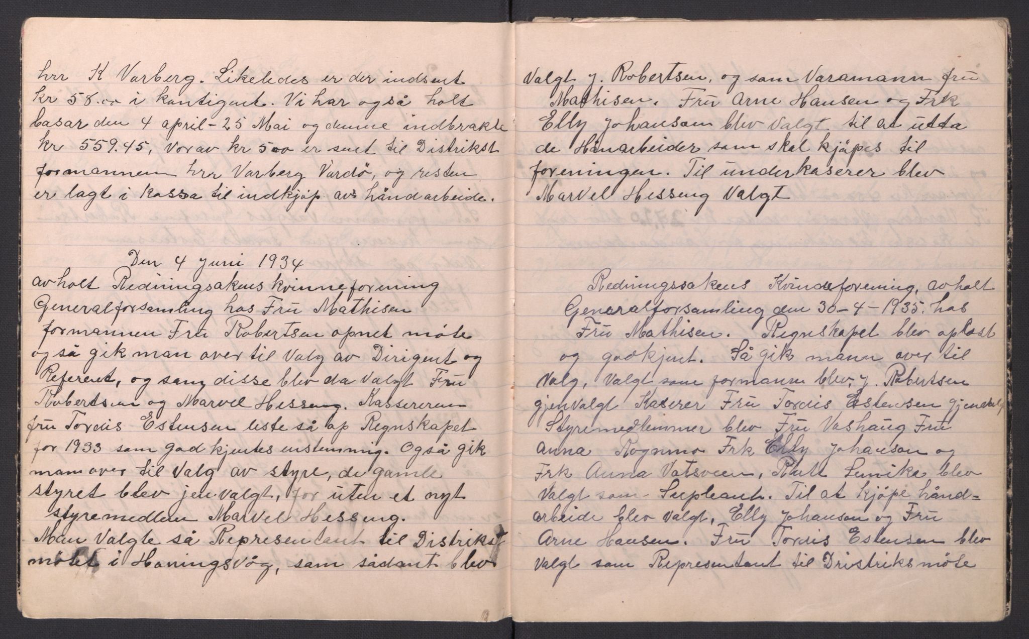 Redningsselskapet (NSSR), AV/RA-PA-1393/2/I/Ib/L0001/0001: Foreningsarkiver / Redningssakens kvinneforening i Bjørnevatn - Møteprotokoll, årsmøter, 1930-1944