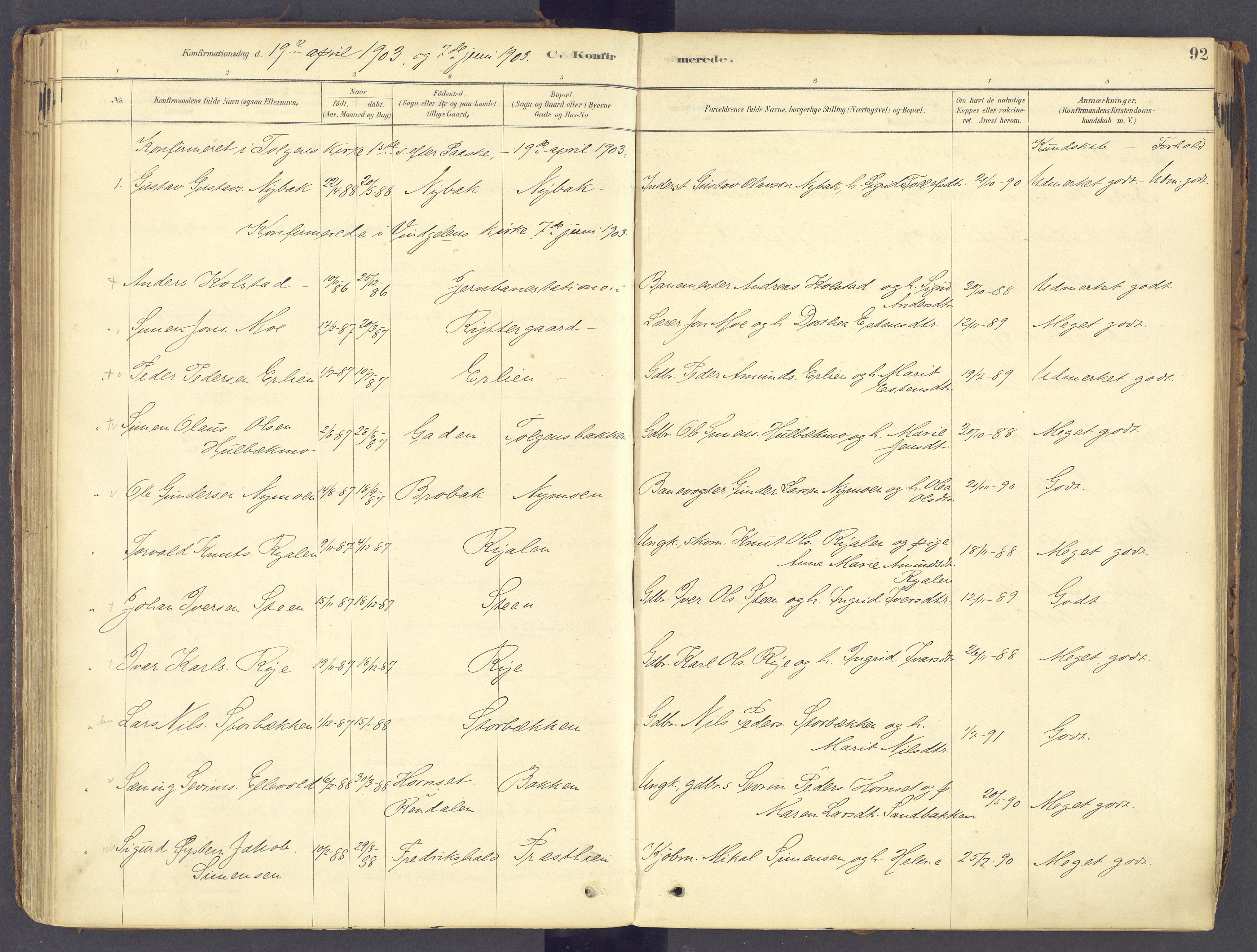 Tolga prestekontor, AV/SAH-PREST-062/K/L0011: Parish register (official) no. 11, 1877-1920, p. 92