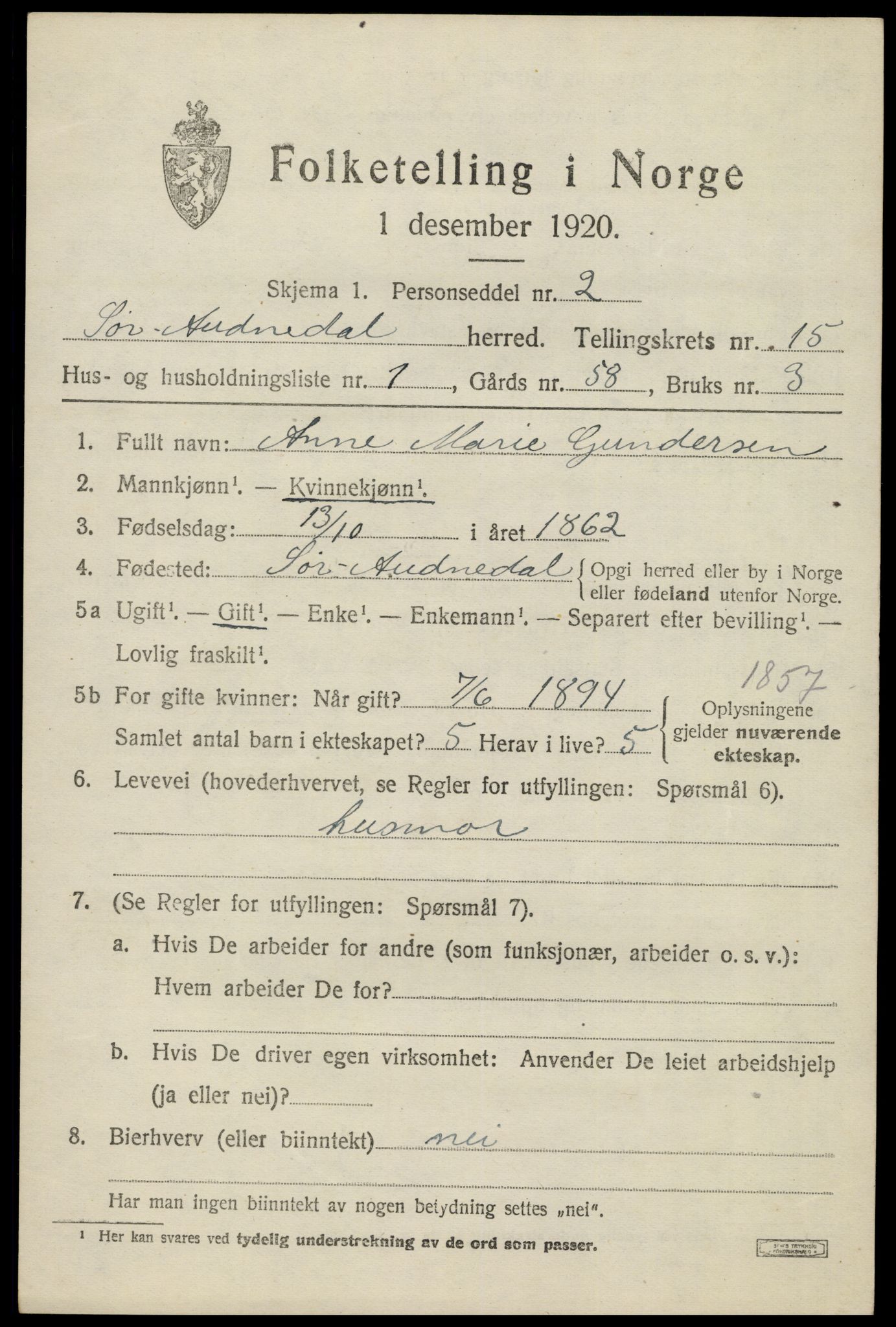 SAK, 1920 census for Sør-Audnedal, 1920, p. 5721