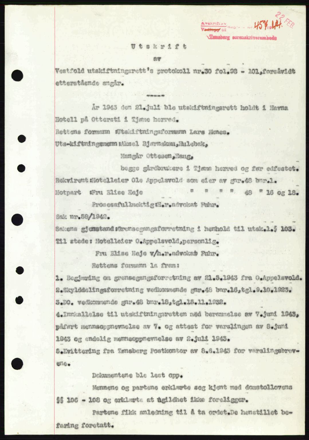 Tønsberg sorenskriveri, AV/SAKO-A-130/G/Ga/Gaa/L0014: Mortgage book no. A14, 1943-1944, Diary no: : 457/1944