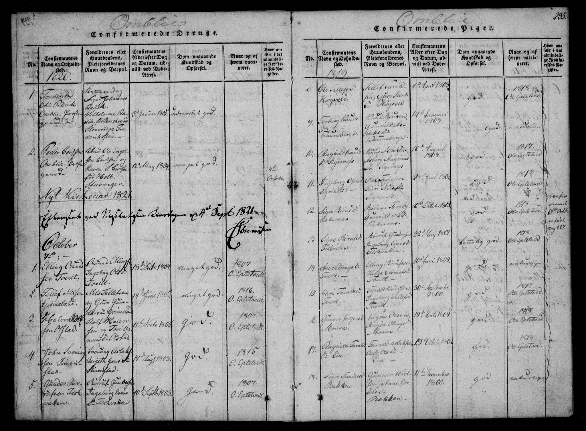 Åmli sokneprestkontor, SAK/1111-0050/F/Fa/Fac/L0006: Parish register (official) no. A 6, 1816-1829, p. 235