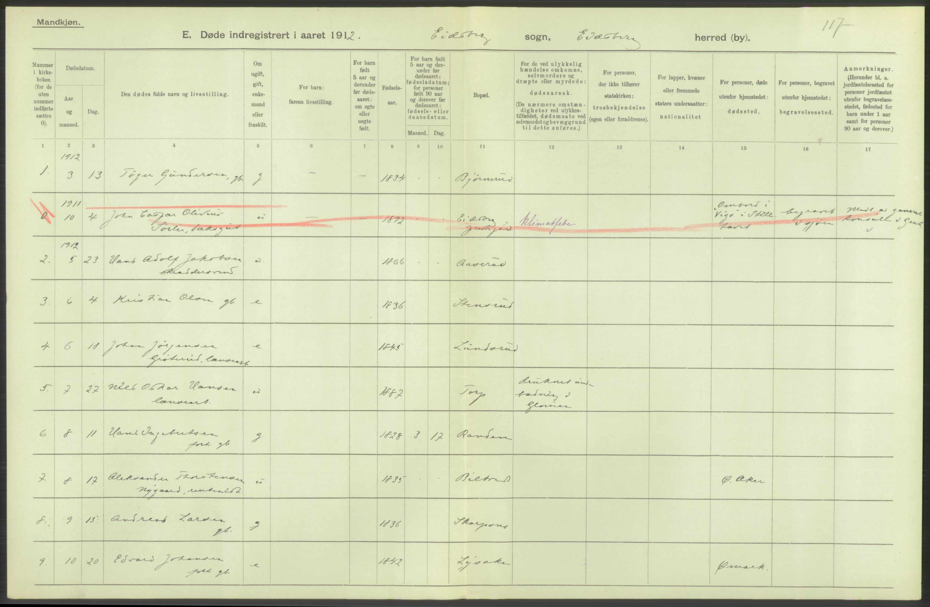 Statistisk sentralbyrå, Sosiodemografiske emner, Befolkning, AV/RA-S-2228/D/Df/Dfb/Dfbb/L0003: Smålenenes amt:  Døde. Bygder og byer., 1912, p. 134