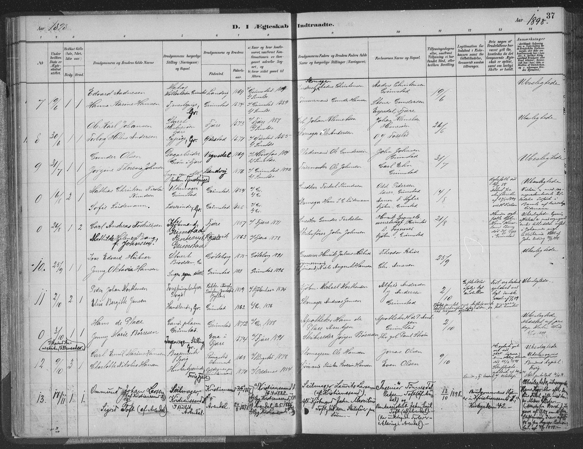 Grimstad sokneprestkontor, AV/SAK-1111-0017/F/Fa/L0004: Parish register (official) no. A 3, 1882-1910, p. 37