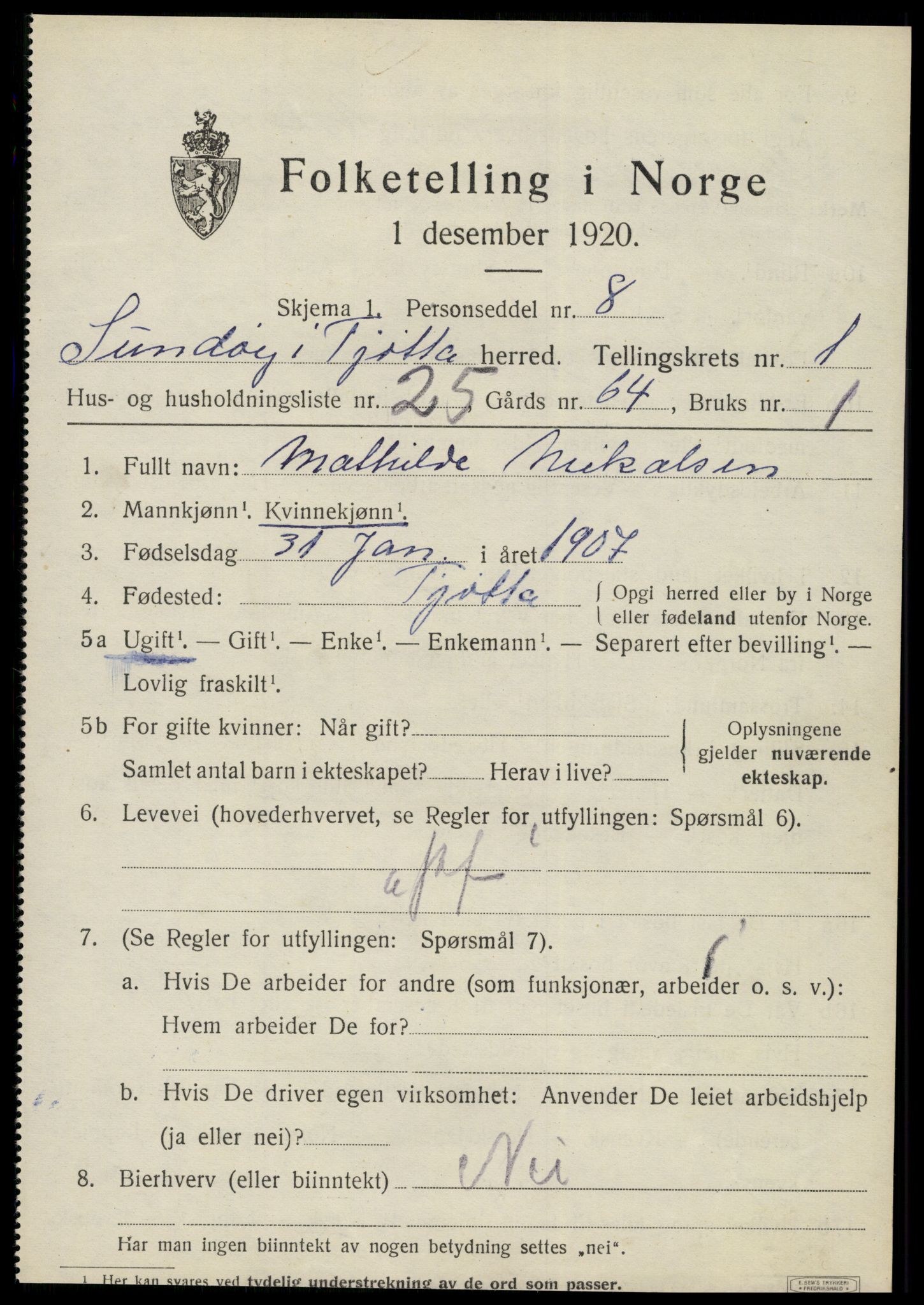 SAT, 1920 census for Tjøtta, 1920, p. 1209