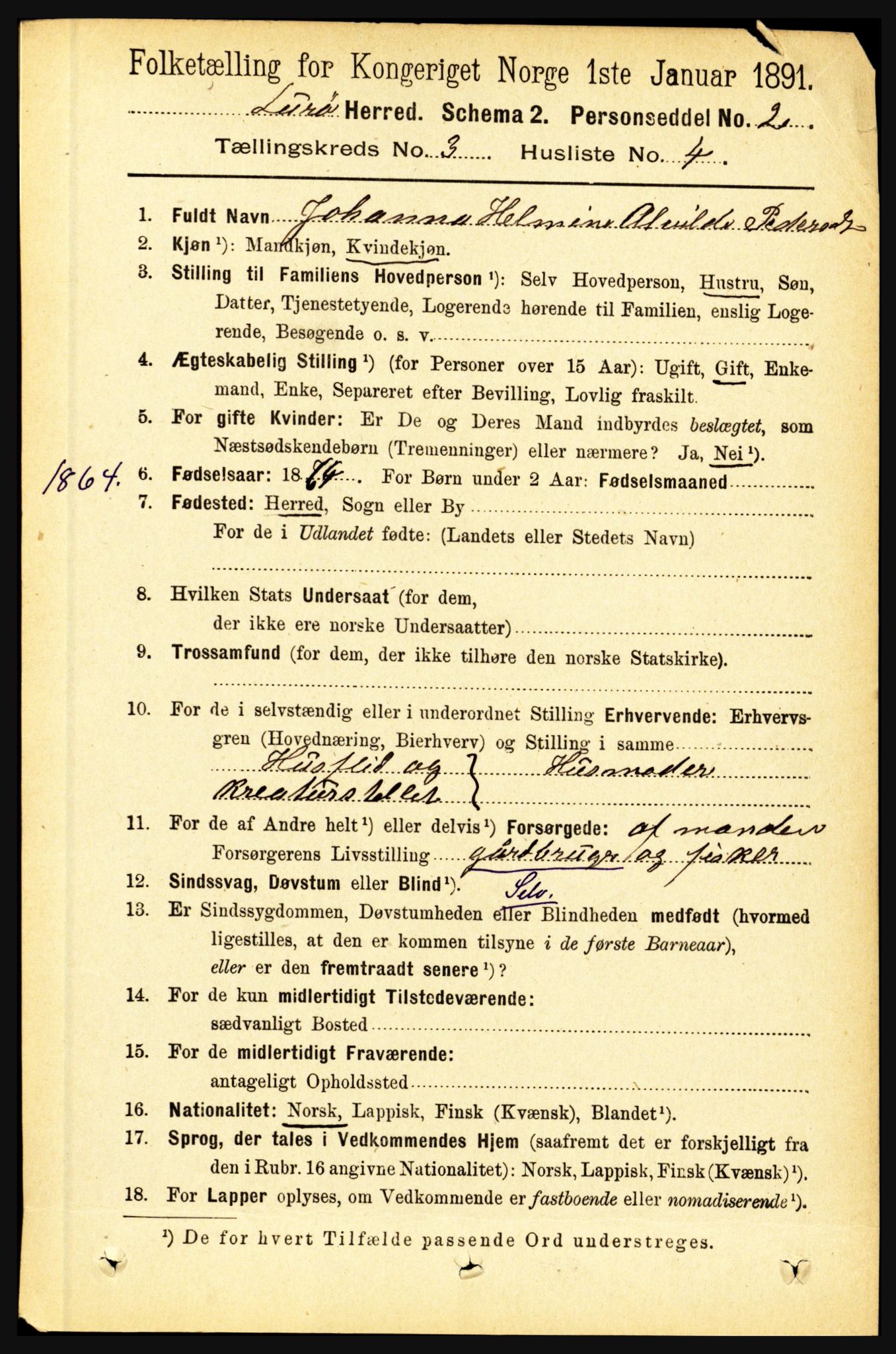 RA, 1891 census for 1834 Lurøy, 1891, p. 1458