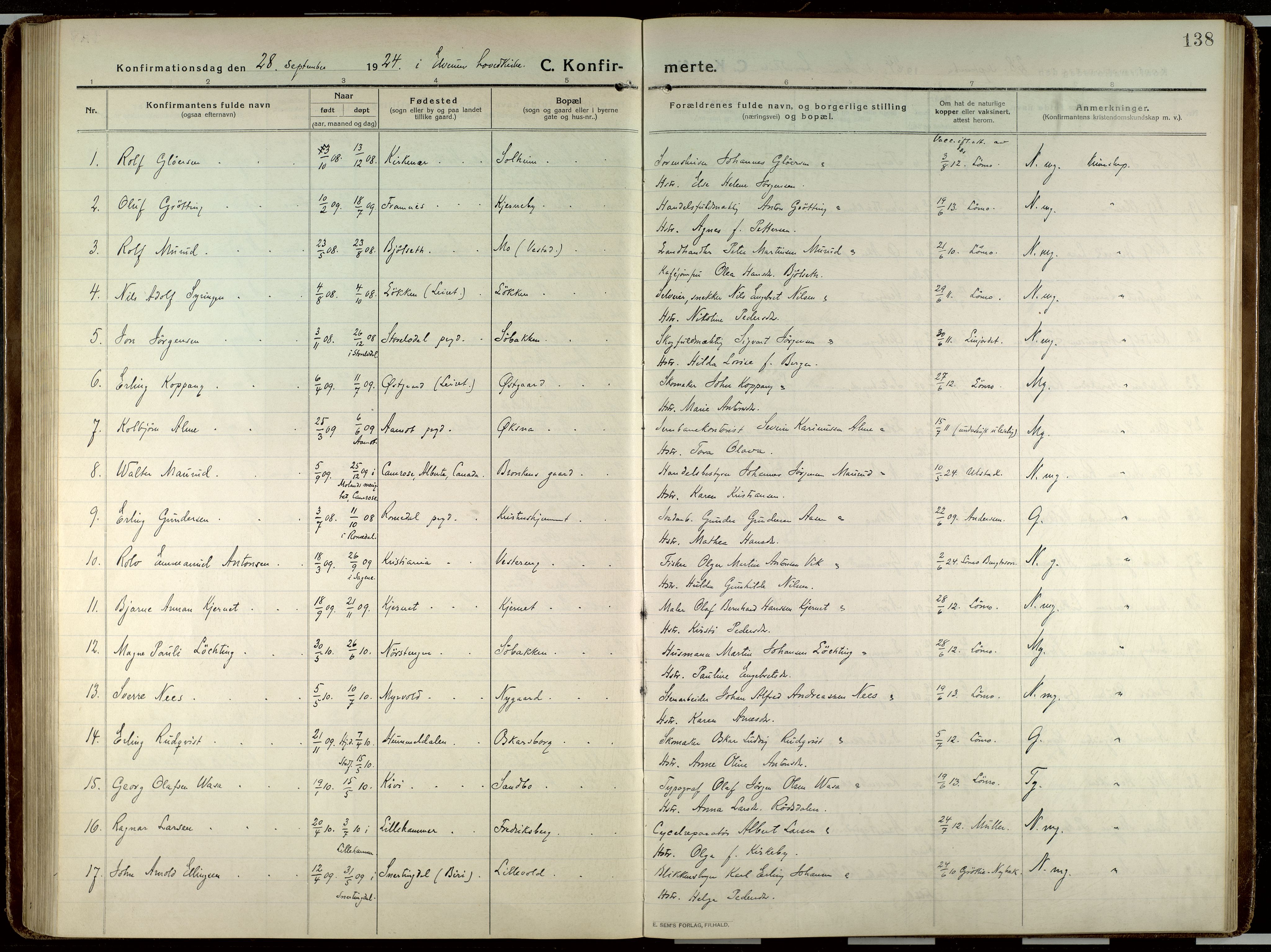 Elverum prestekontor, AV/SAH-PREST-044/H/Ha/Haa/L0023: Parish register (official) no. 23, 1914-1929, p. 138