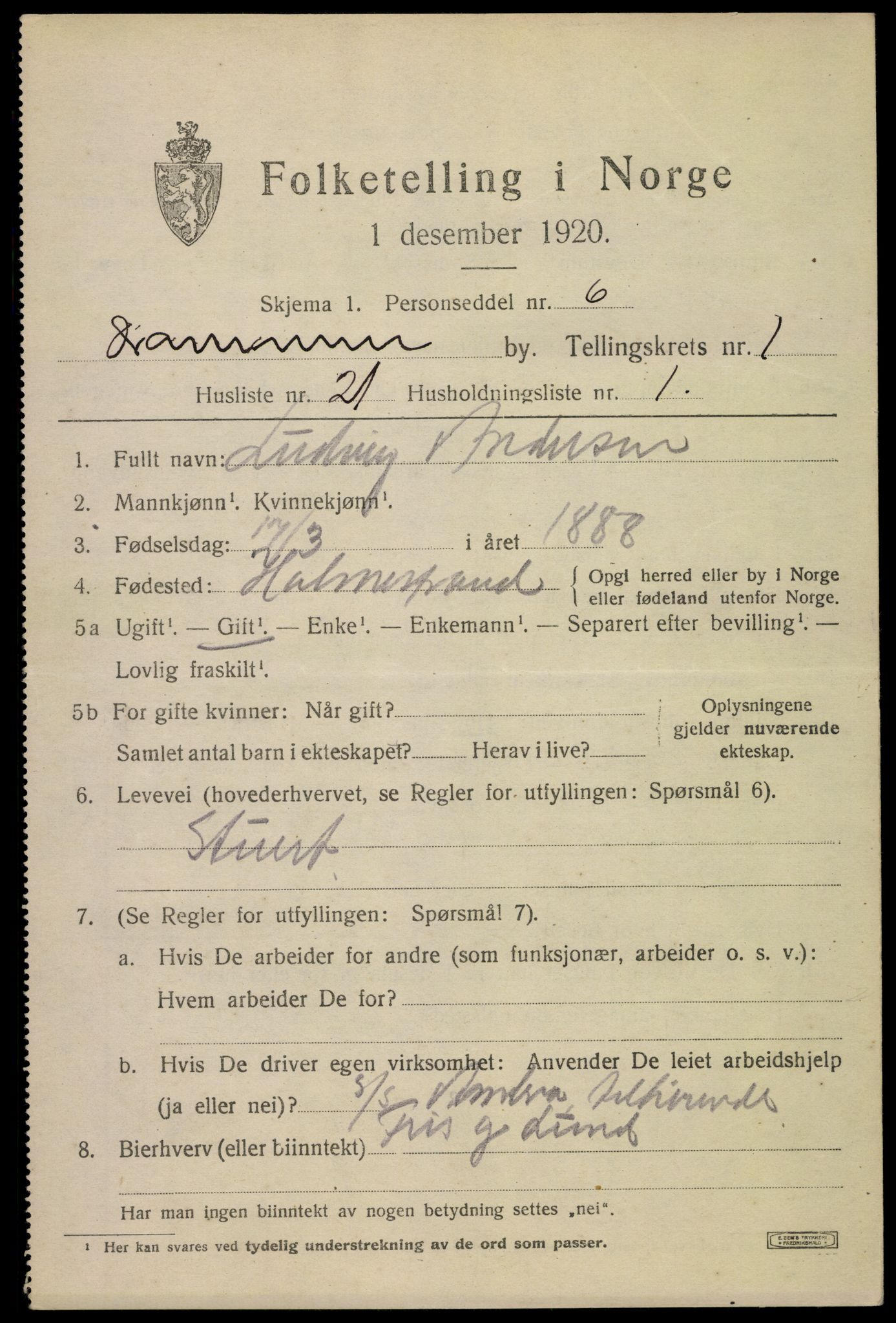 SAKO, 1920 census for Drammen, 1920, p. 18875