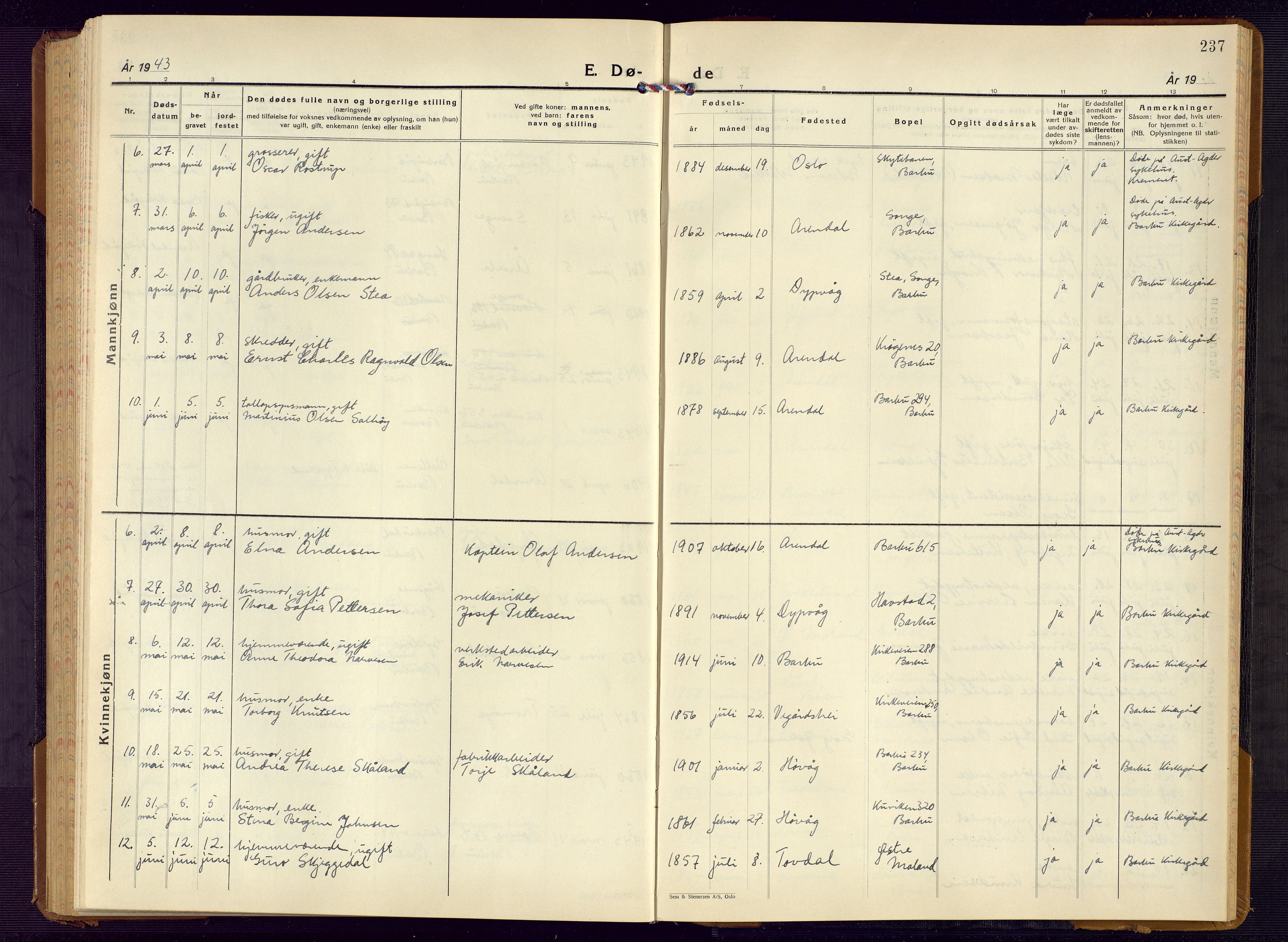 Barbu sokneprestkontor, AV/SAK-1111-0003/F/Fb/L0006: Parish register (copy) no. B 6, 1937-1947, p. 237