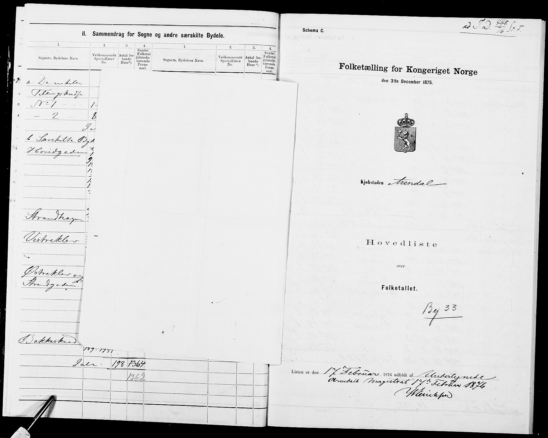 SAK, 1875 census for 0903P Arendal, 1875, p. 1