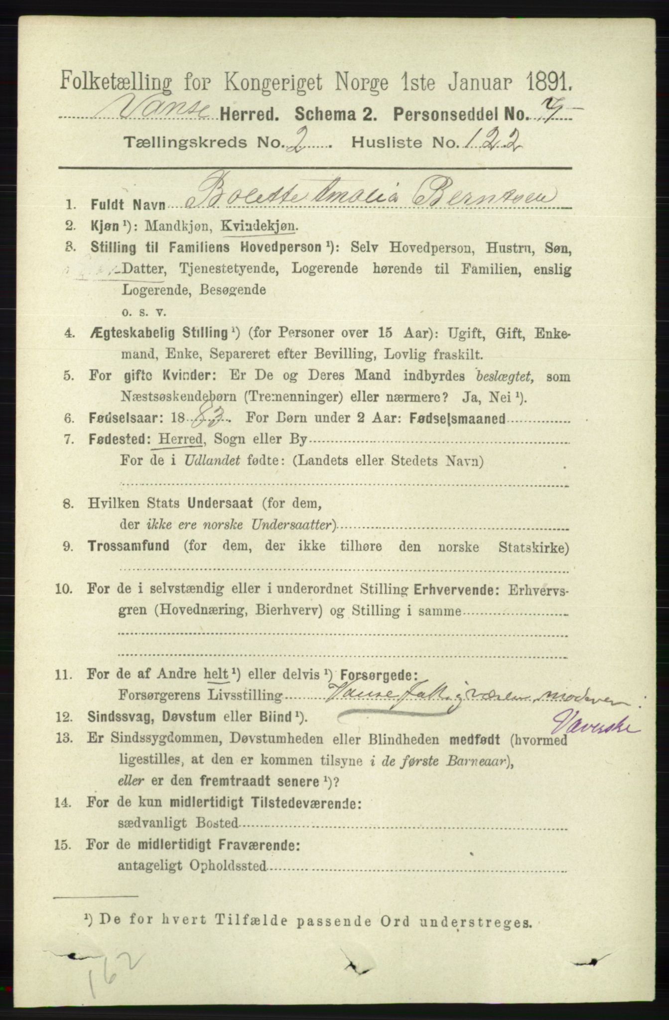 RA, 1891 census for 1041 Vanse, 1891, p. 1254