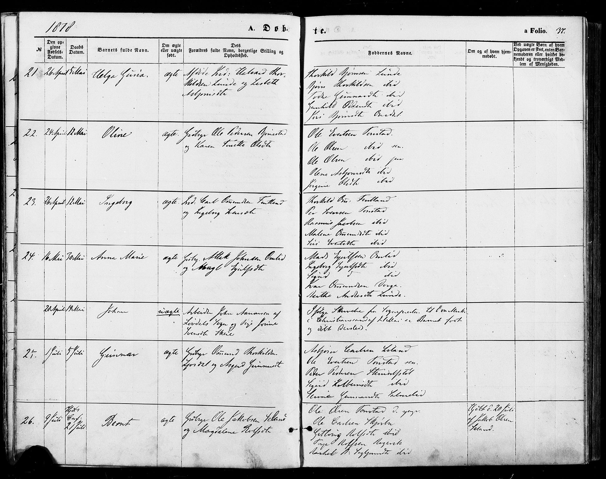 Sirdal sokneprestkontor, AV/SAK-1111-0036/F/Fa/Fab/L0003: Parish register (official) no. A 3, 1874-1886, p. 37