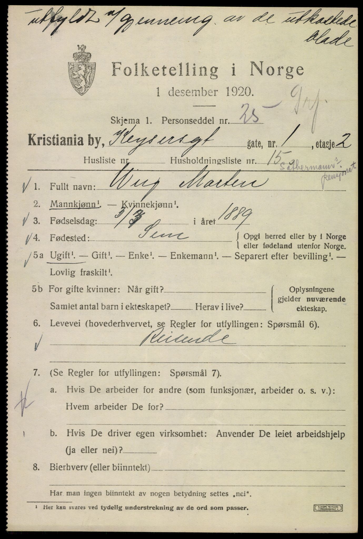 SAO, 1920 census for Kristiania, 1920, p. 331503
