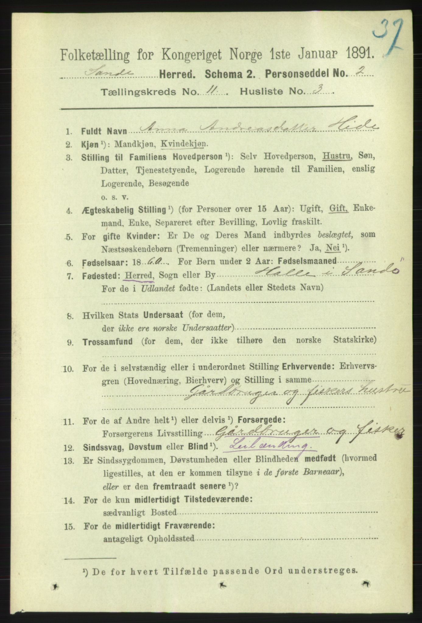 RA, 1891 census for 1514 Sande, 1891, p. 1969