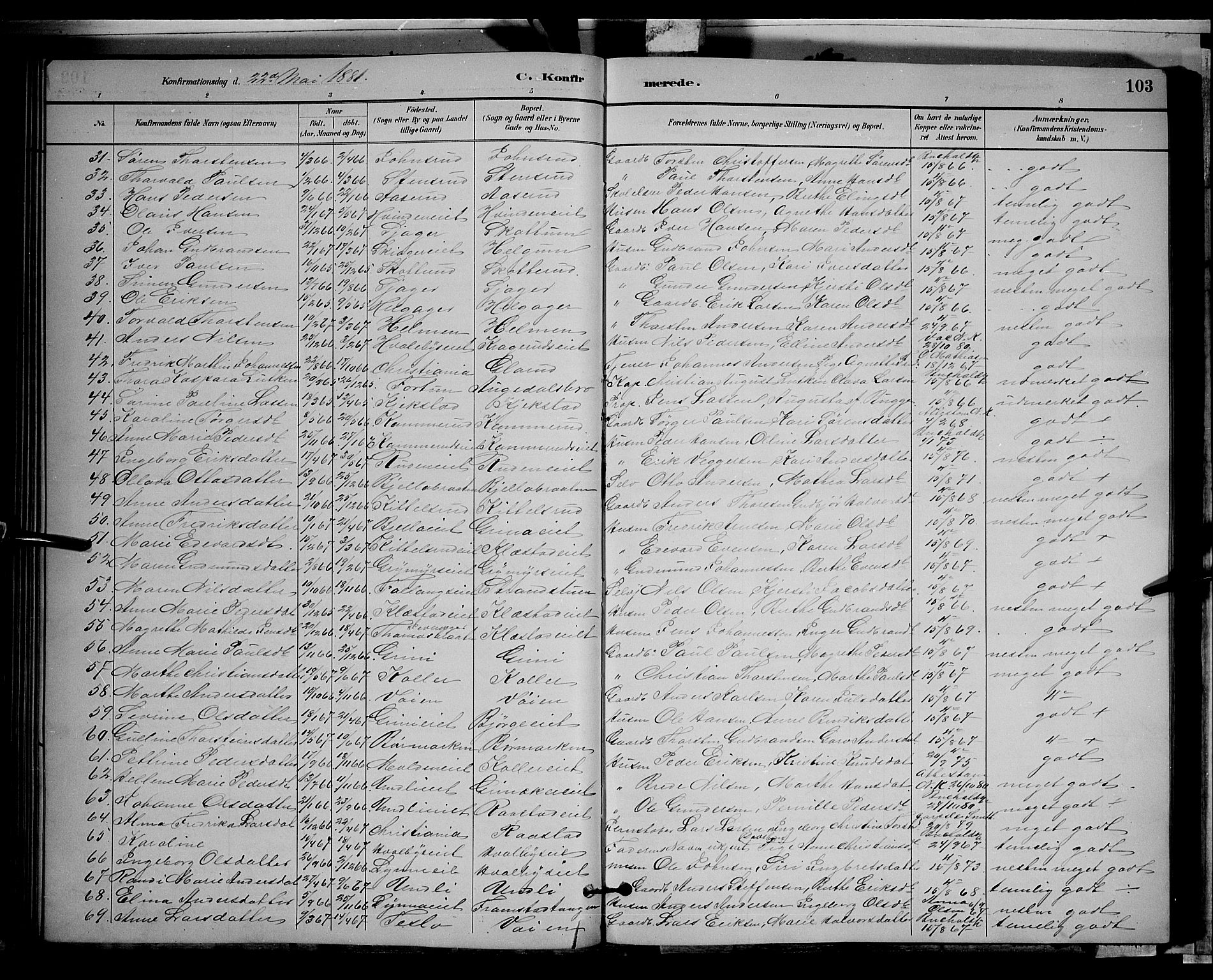 Gran prestekontor, SAH/PREST-112/H/Ha/Hab/L0002: Parish register (copy) no. 2, 1879-1892, p. 103