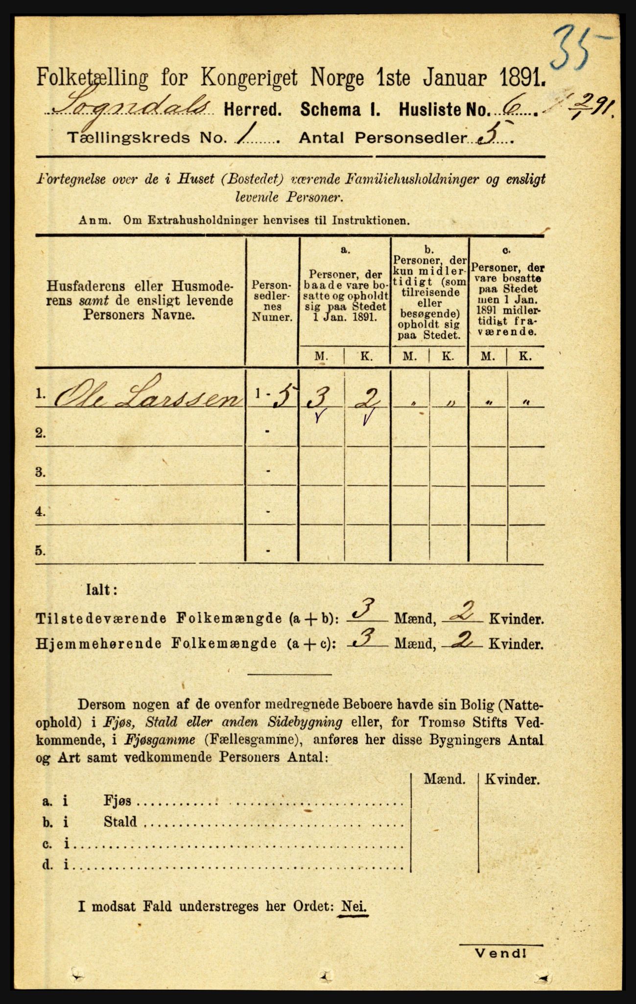 RA, 1891 census for 1420 Sogndal, 1891, p. 35