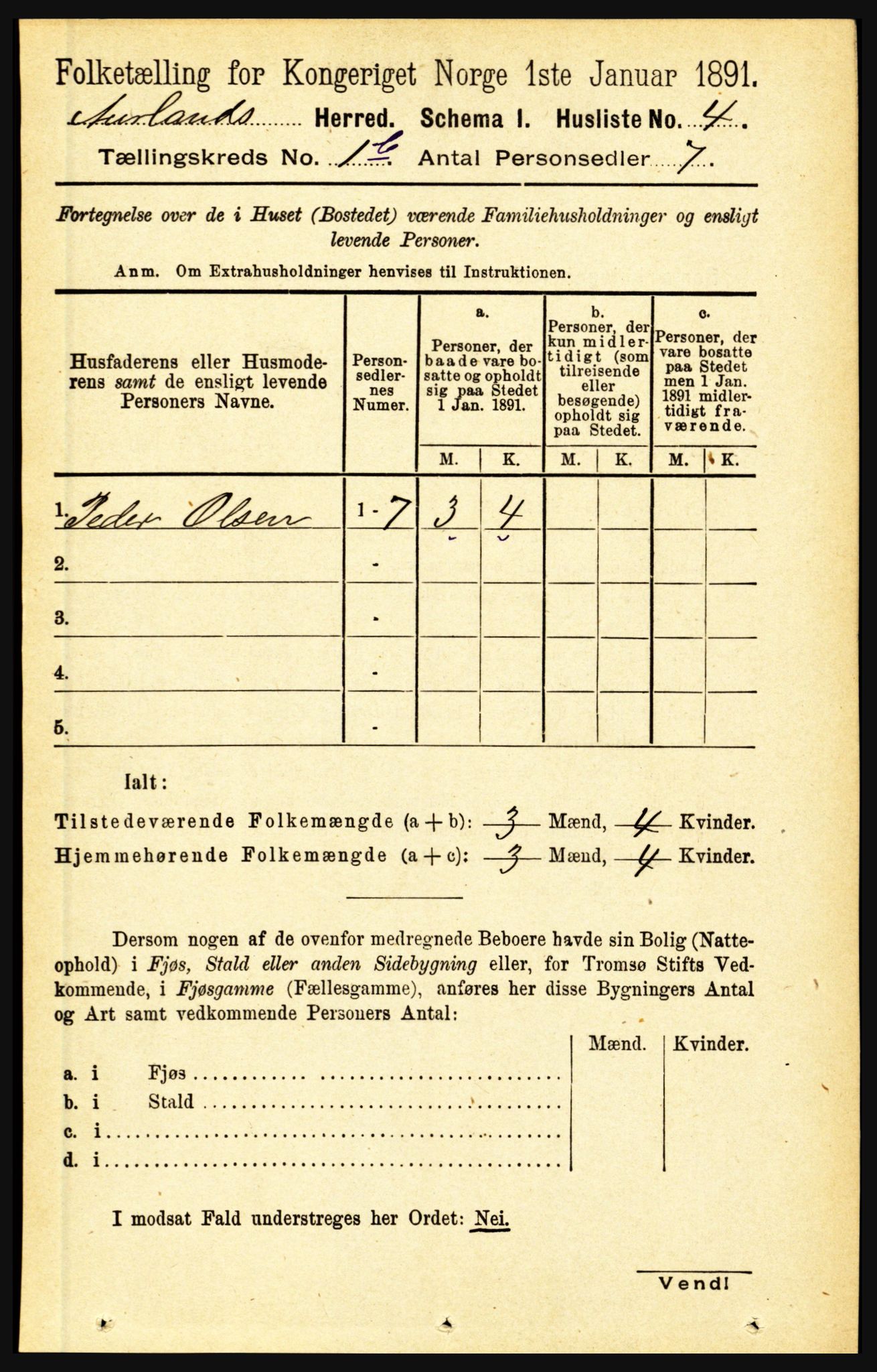 RA, 1891 census for 1421 Aurland, 1891, p. 110