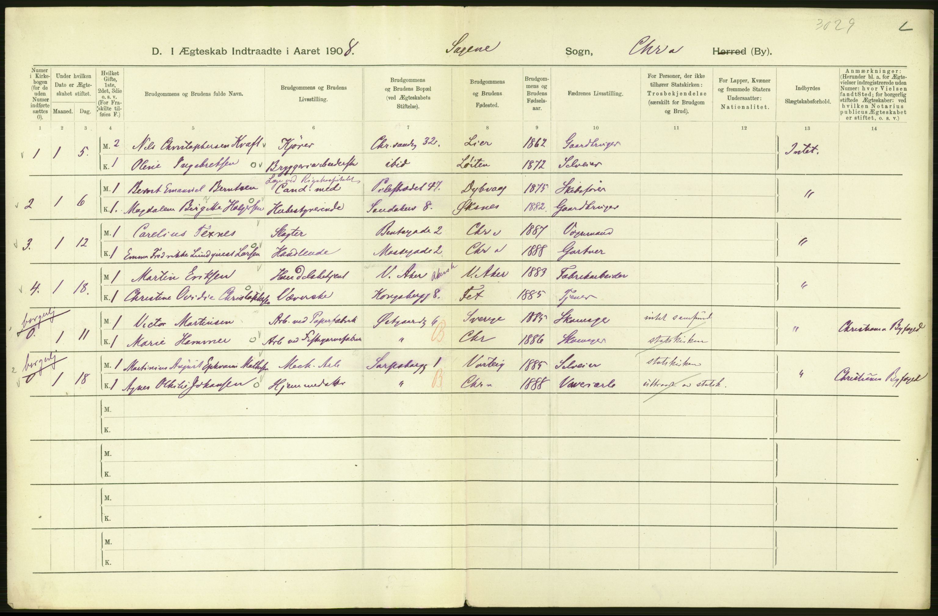 Statistisk sentralbyrå, Sosiodemografiske emner, Befolkning, AV/RA-S-2228/D/Df/Dfa/Dfaf/L0007: Kristiania: Gifte, 1908, p. 184