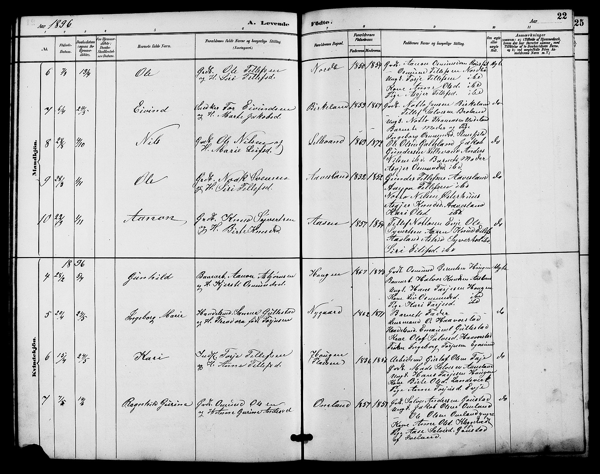 Evje sokneprestkontor, SAK/1111-0008/F/Fb/Fba/L0003: Parish register (copy) no. B 3, 1888-1903, p. 22