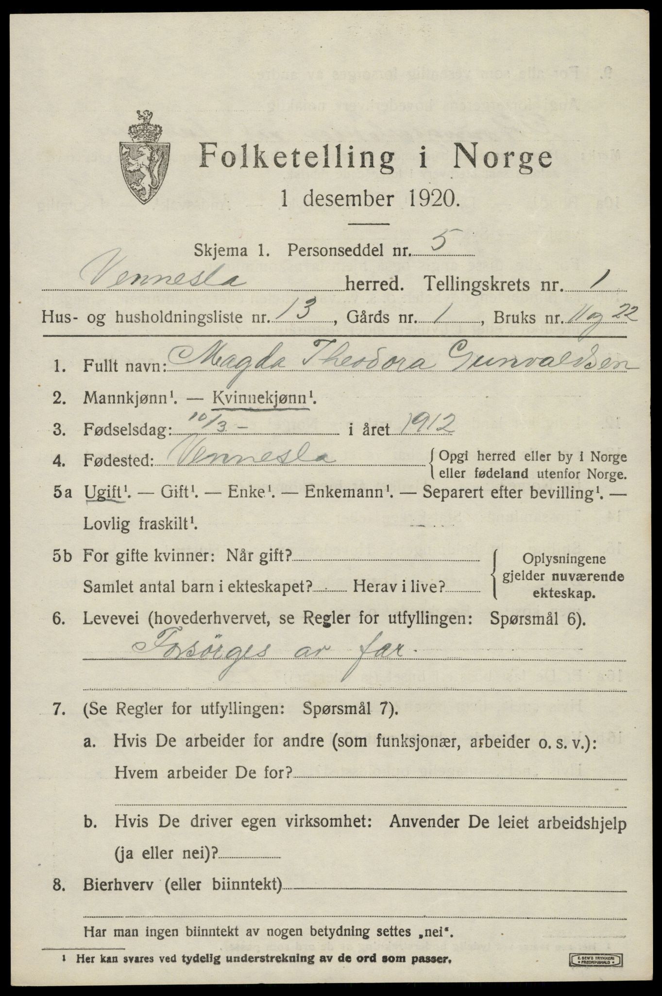 SAK, 1920 census for Vennesla, 1920, p. 1052