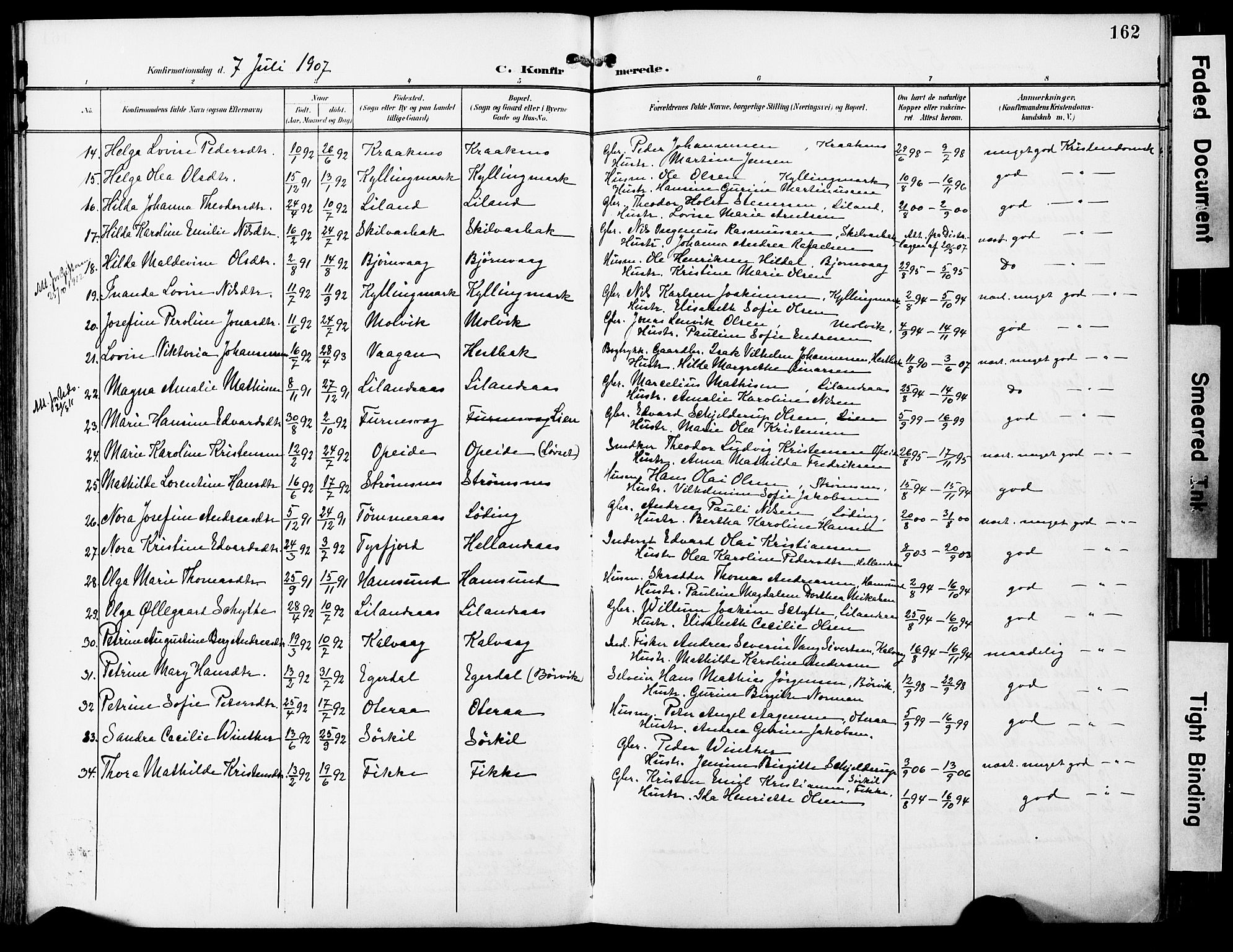 Ministerialprotokoller, klokkerbøker og fødselsregistre - Nordland, AV/SAT-A-1459/859/L0848: Parish register (official) no. 859A08, 1900-1912, p. 162