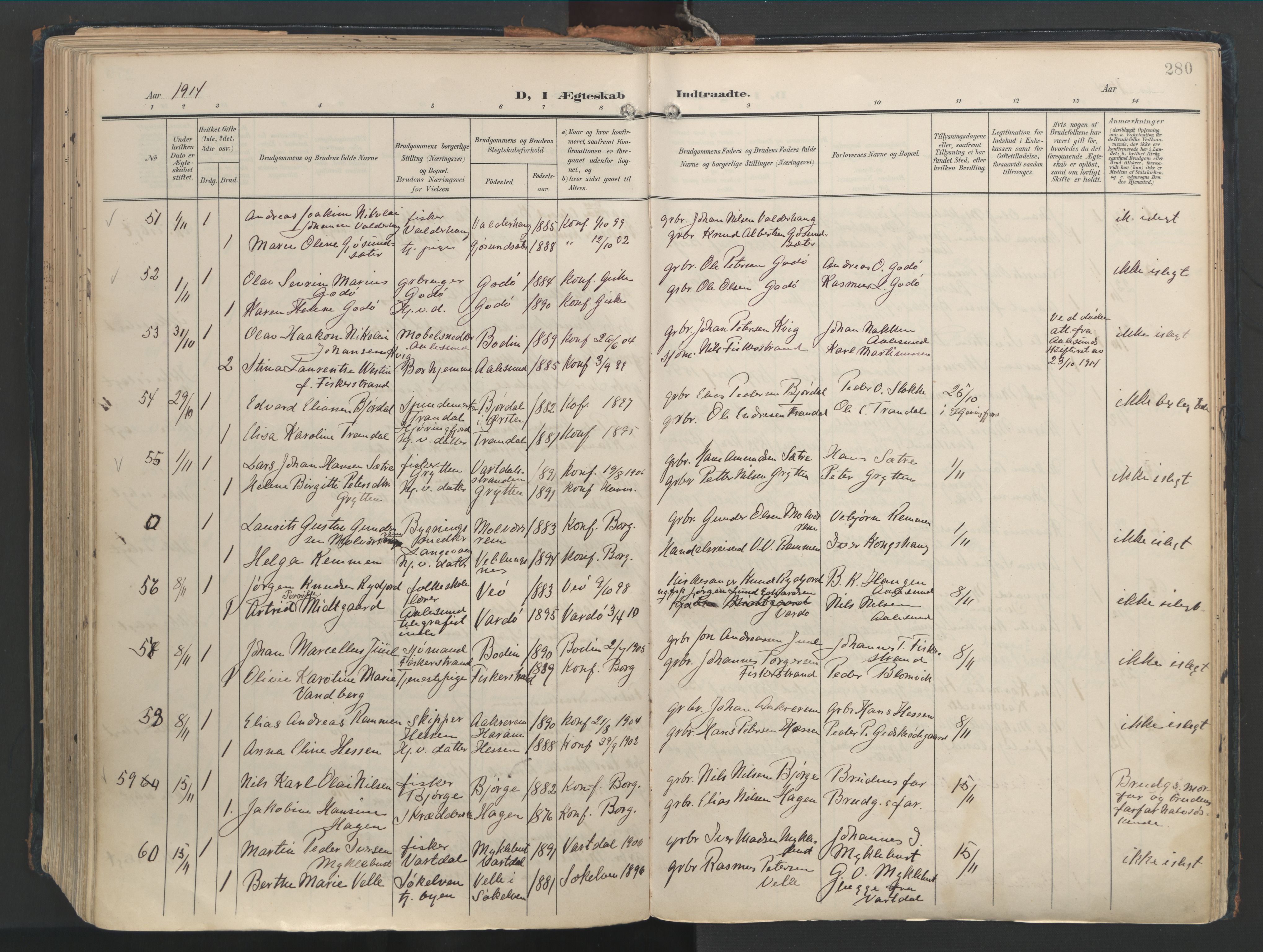 Ministerialprotokoller, klokkerbøker og fødselsregistre - Møre og Romsdal, AV/SAT-A-1454/528/L0411: Parish register (official) no. 528A20, 1907-1920, p. 280