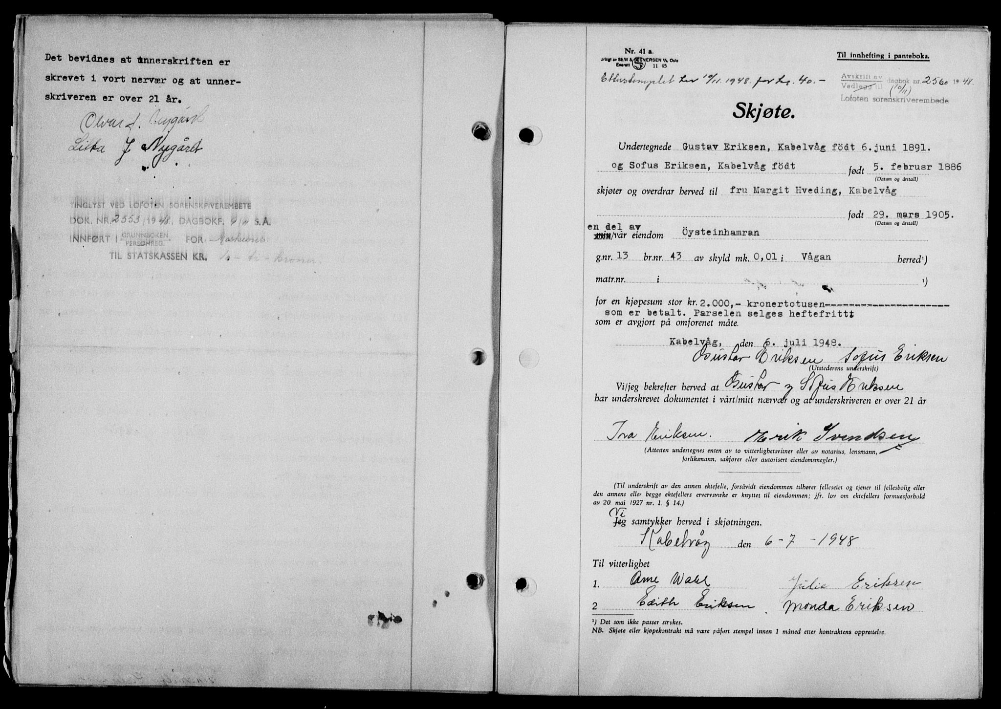 Lofoten sorenskriveri, SAT/A-0017/1/2/2C/L0019a: Mortgage book no. 19a, 1948-1948, Diary no: : 2560/1948