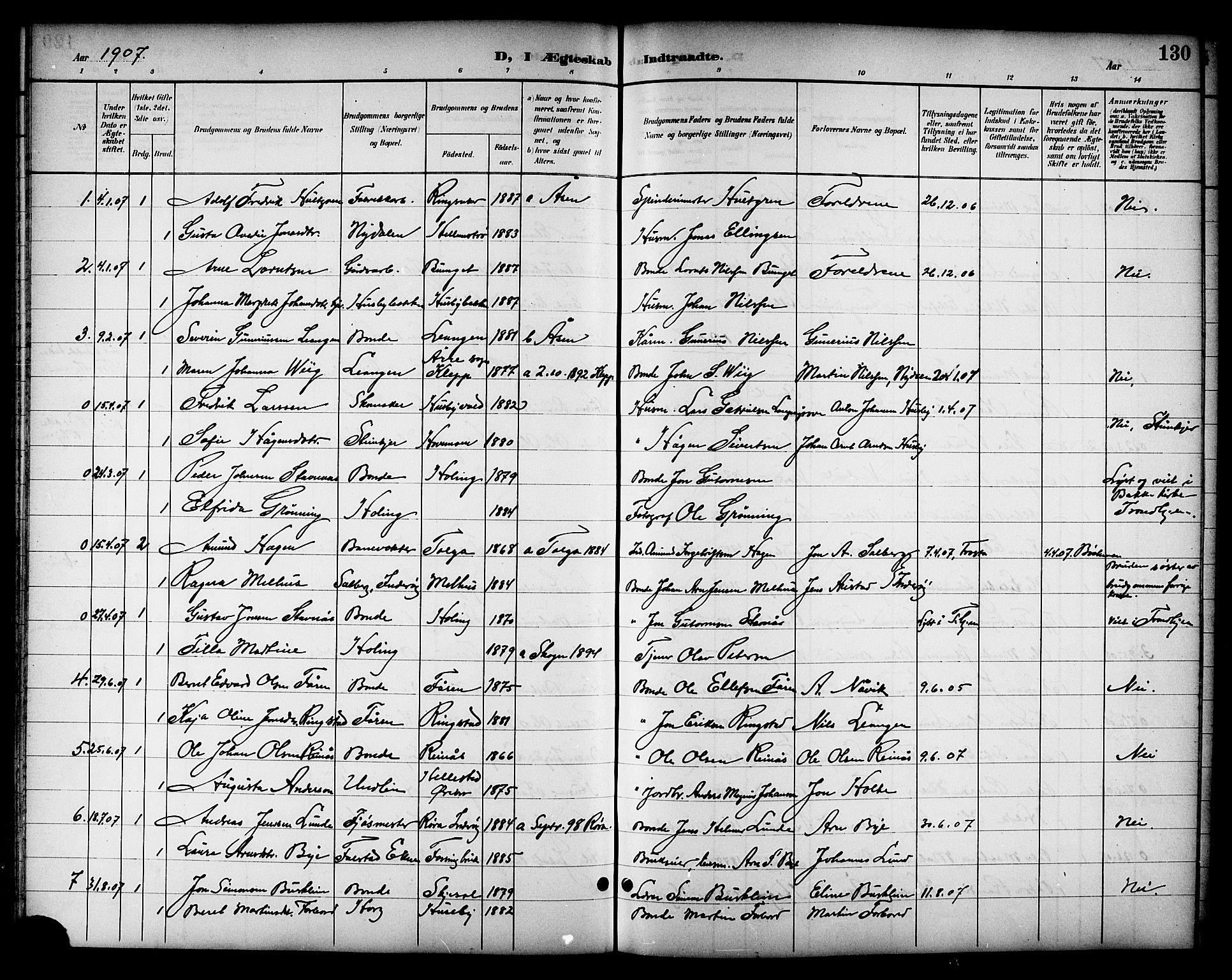 Ministerialprotokoller, klokkerbøker og fødselsregistre - Nord-Trøndelag, SAT/A-1458/714/L0135: Parish register (copy) no. 714C04, 1899-1918, p. 130