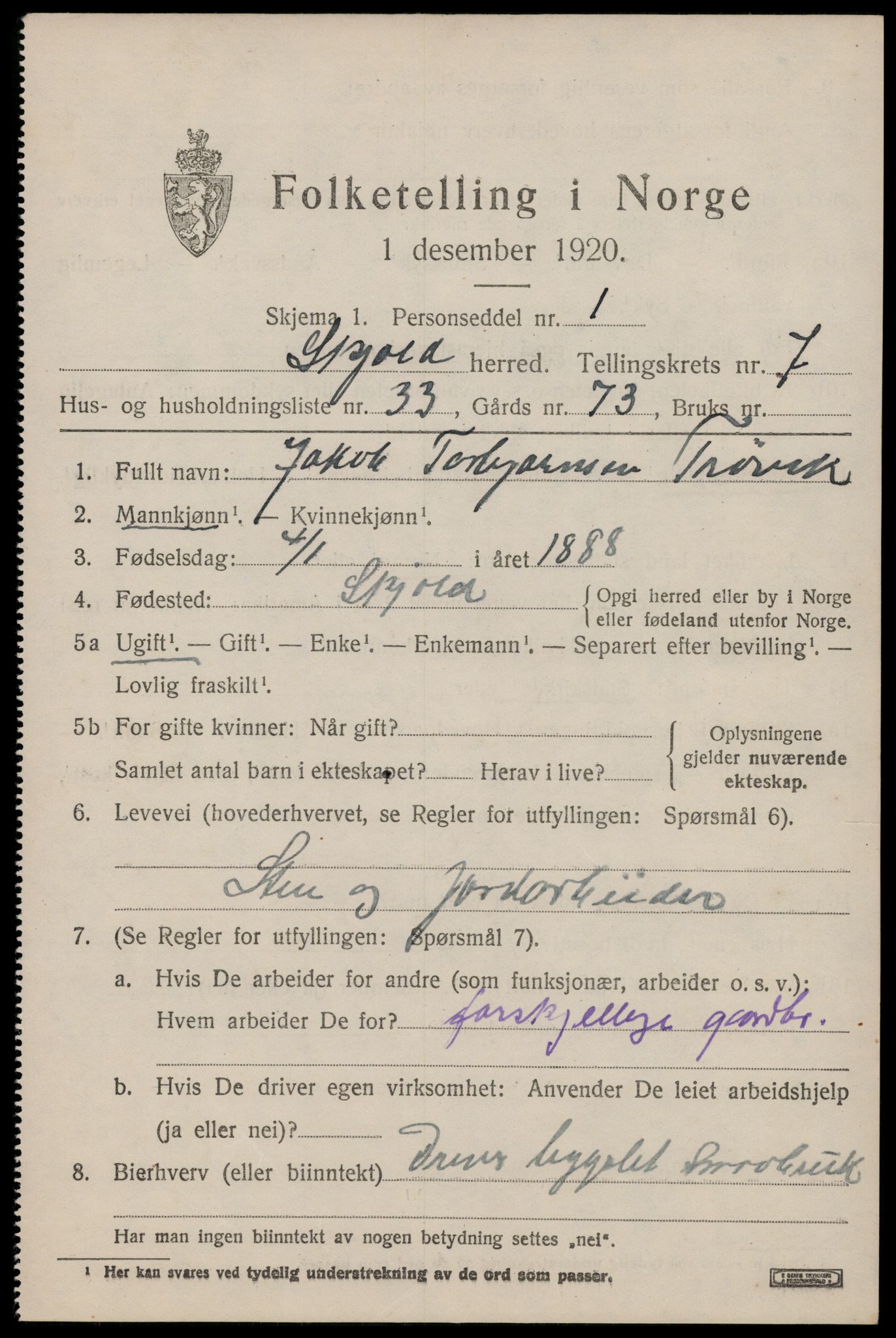 SAST, 1920 census for Skjold, 1920, p. 4174