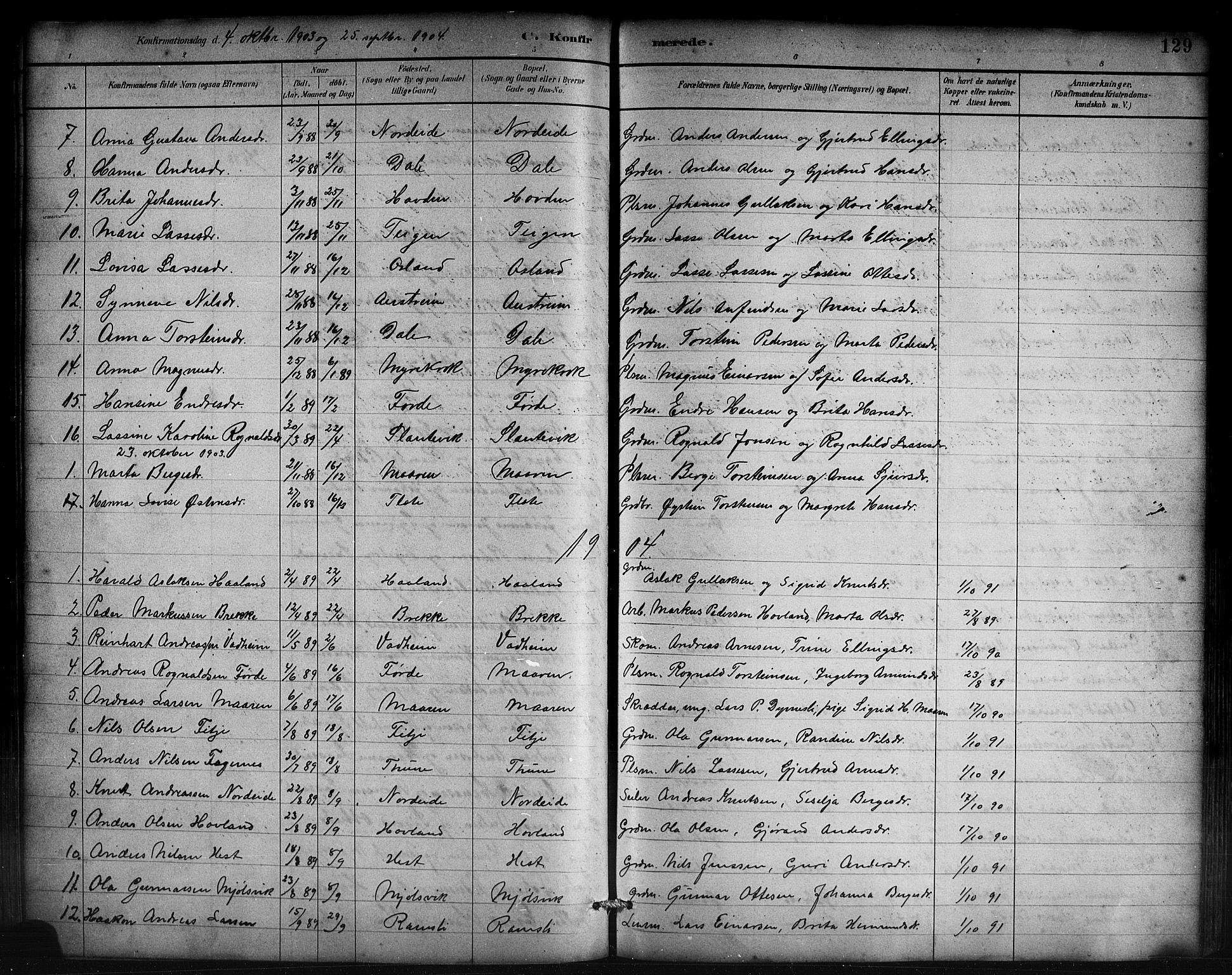 Lavik sokneprestembete, AV/SAB-A-80901: Parish register (copy) no. B 3, 1882-1913, p. 129