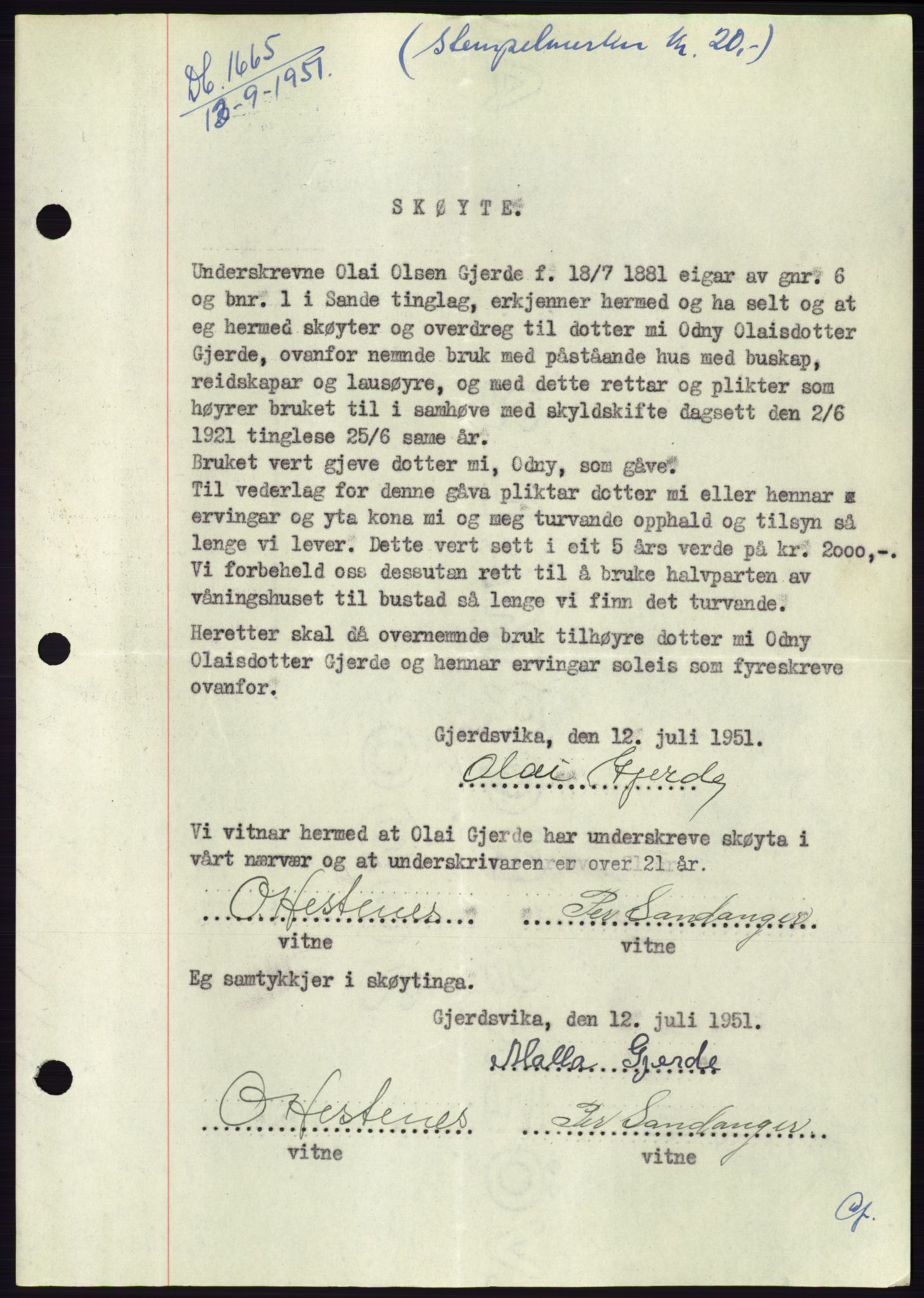 Søre Sunnmøre sorenskriveri, AV/SAT-A-4122/1/2/2C/L0089: Mortgage book no. 15A, 1951-1951, Diary no: : 1665/1951