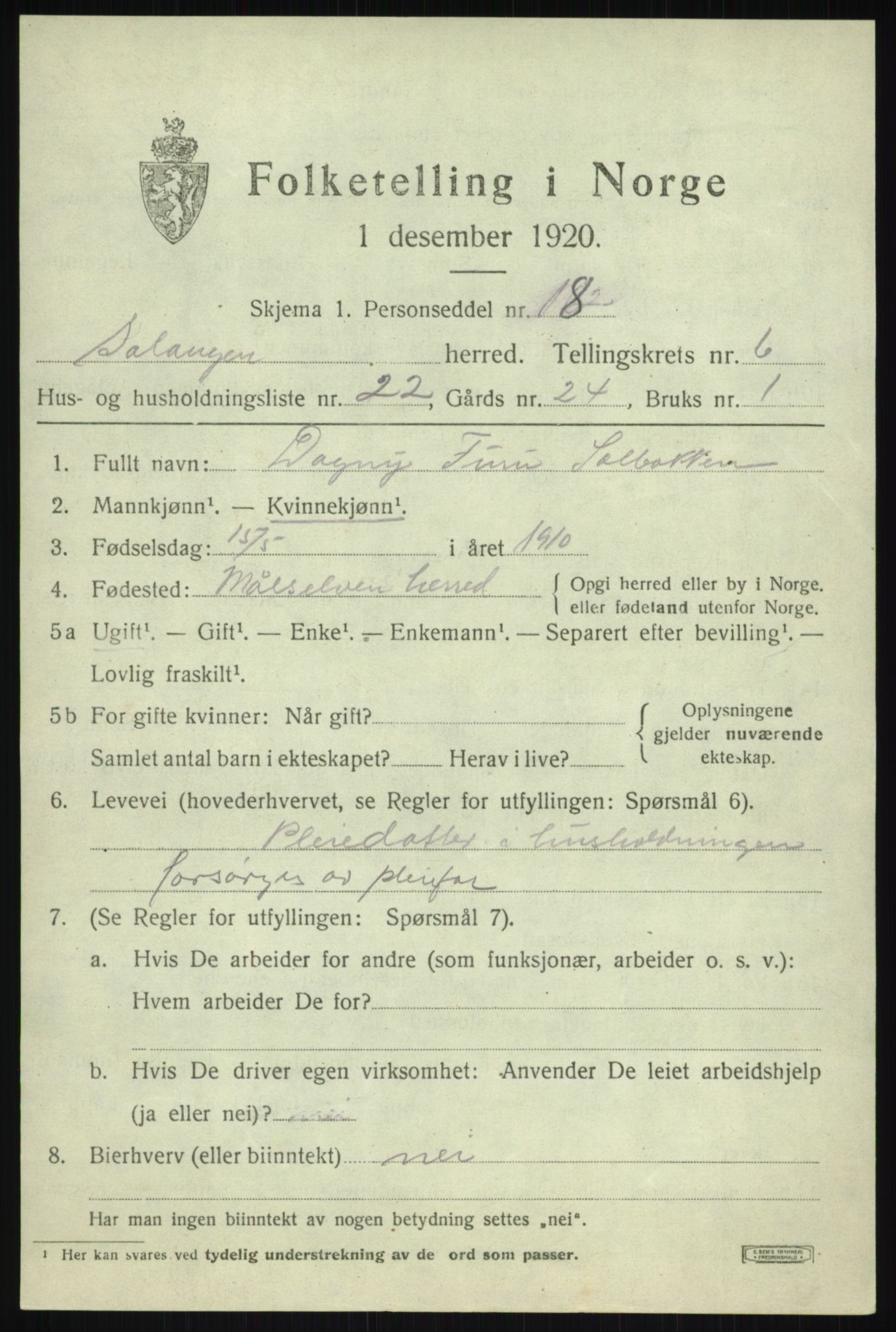 SATØ, 1920 census for Salangen, 1920, p. 4592