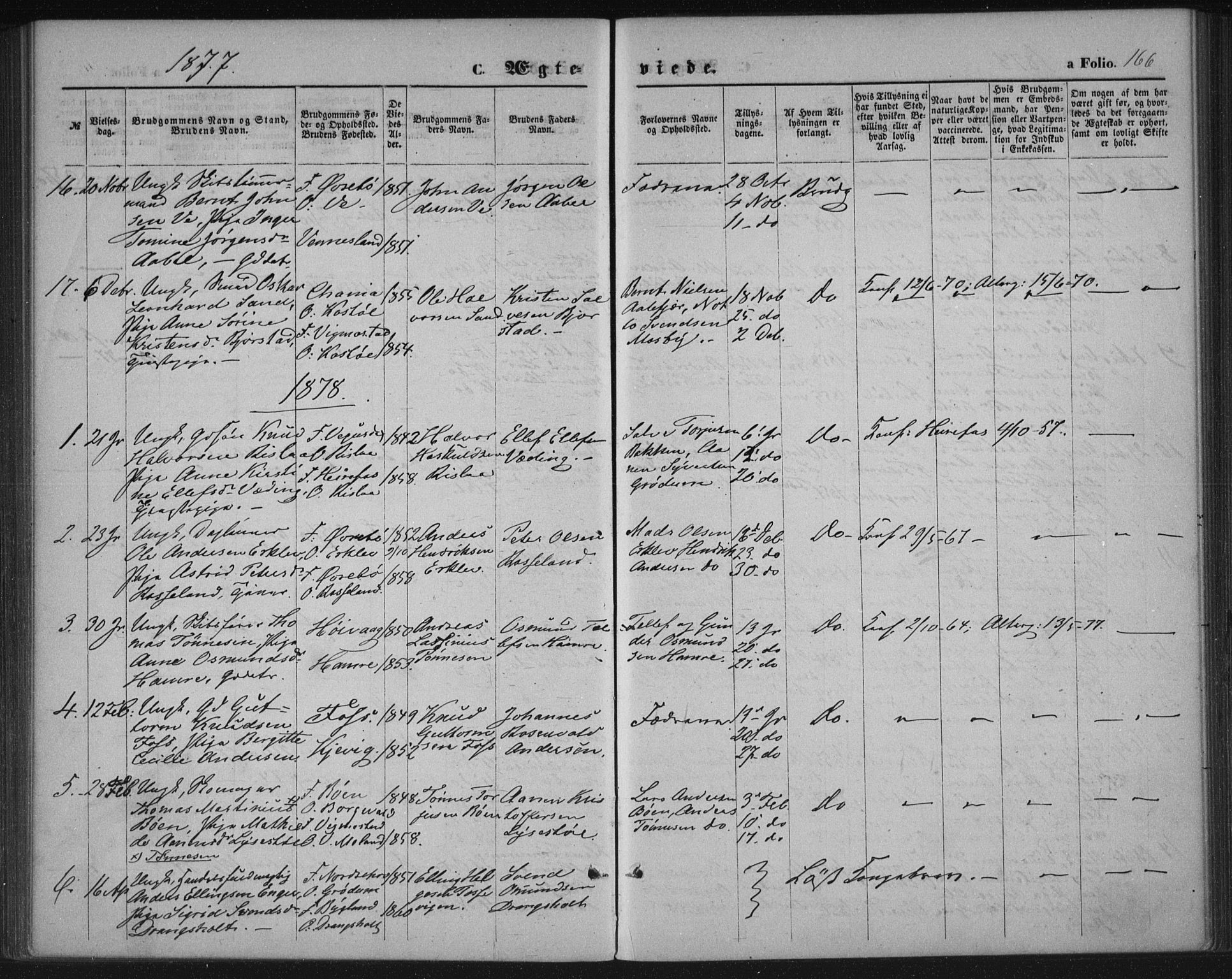 Tveit sokneprestkontor, SAK/1111-0043/F/Fa/L0006: Parish register (official) no. A 6, 1872-1886, p. 166