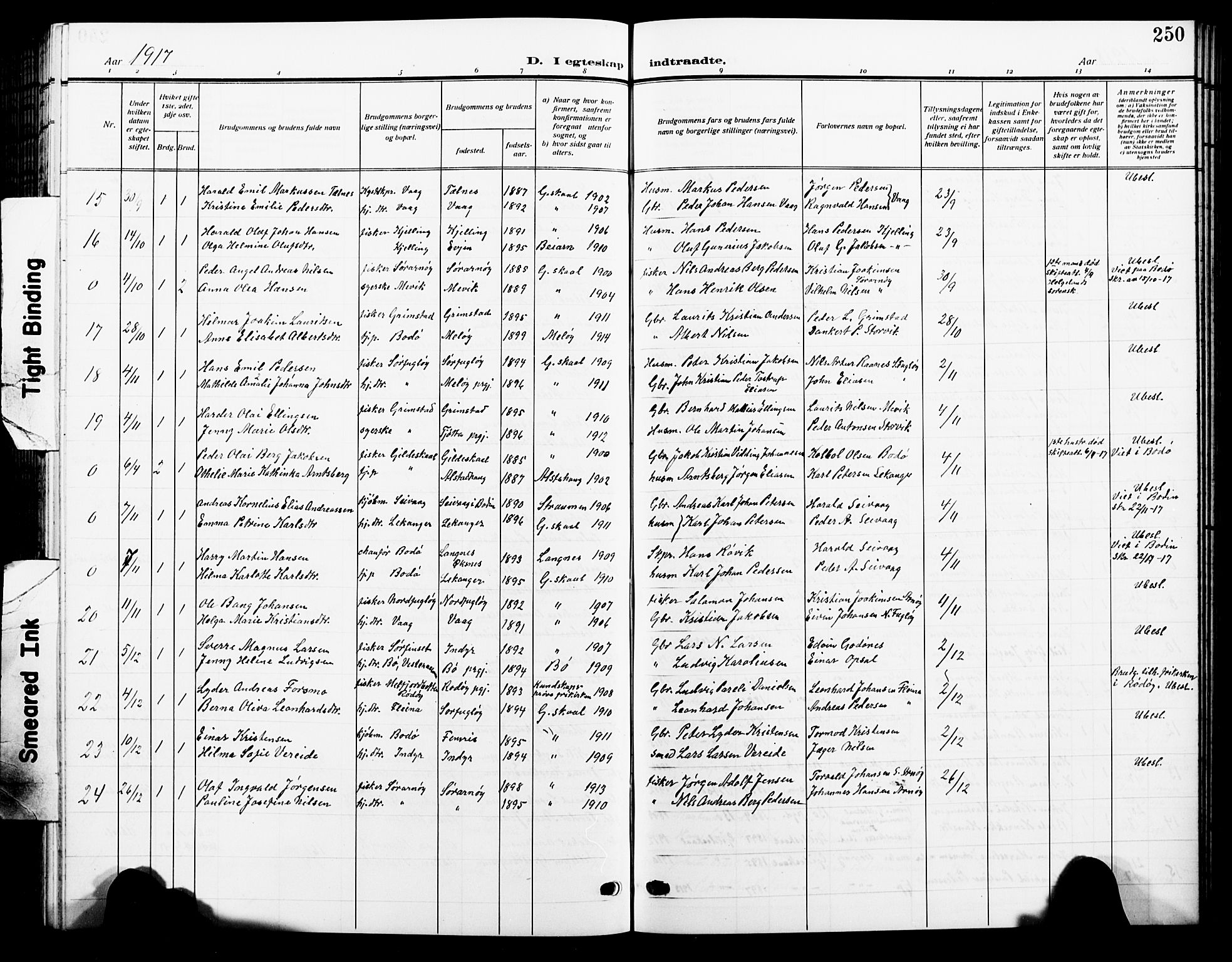 Ministerialprotokoller, klokkerbøker og fødselsregistre - Nordland, AV/SAT-A-1459/805/L0110: Parish register (copy) no. 805C06, 1909-1924, p. 250