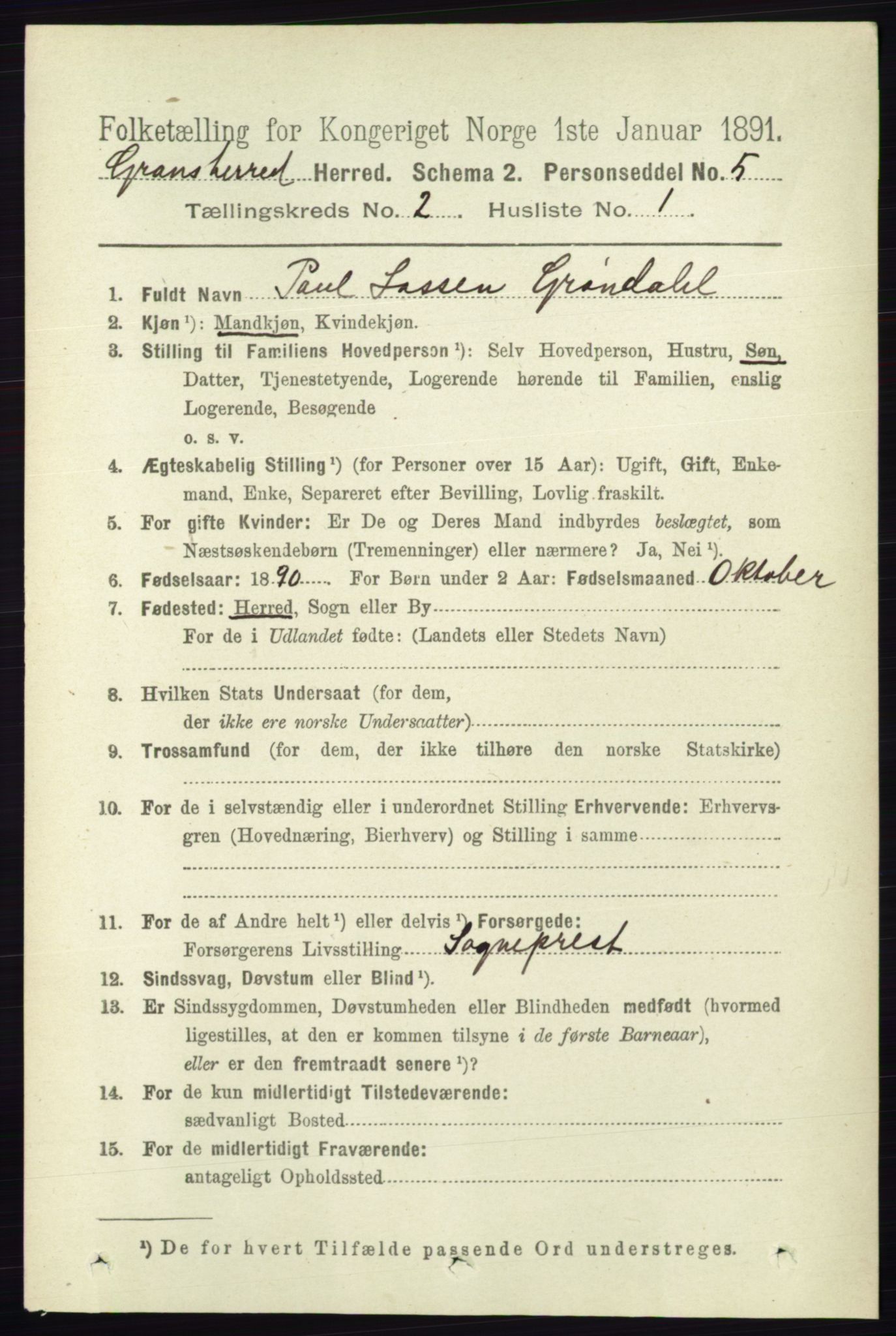 RA, 1891 census for 0824 Gransherad, 1891, p. 291