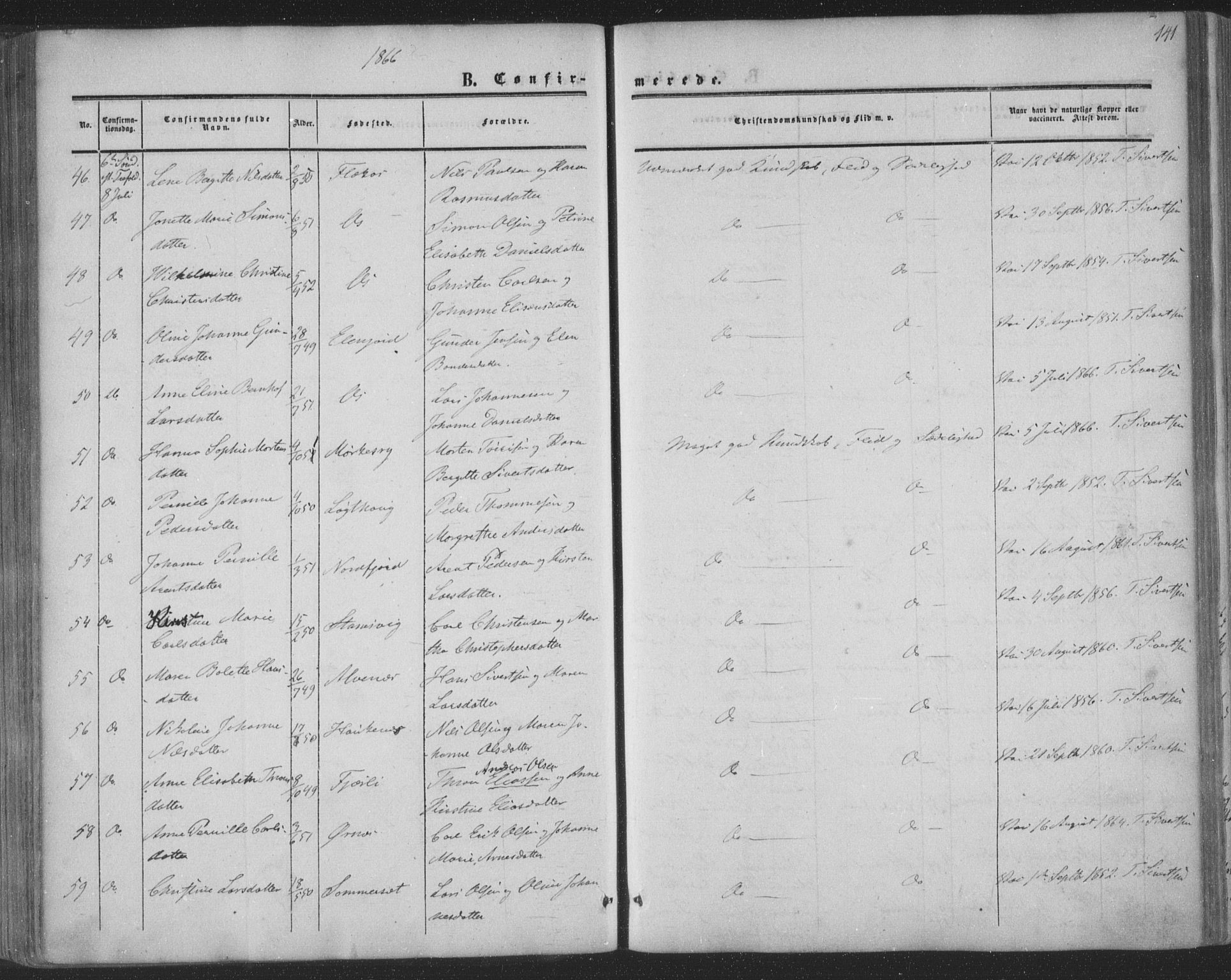 Ministerialprotokoller, klokkerbøker og fødselsregistre - Nordland, AV/SAT-A-1459/853/L0770: Parish register (official) no. 853A09, 1857-1870, p. 141