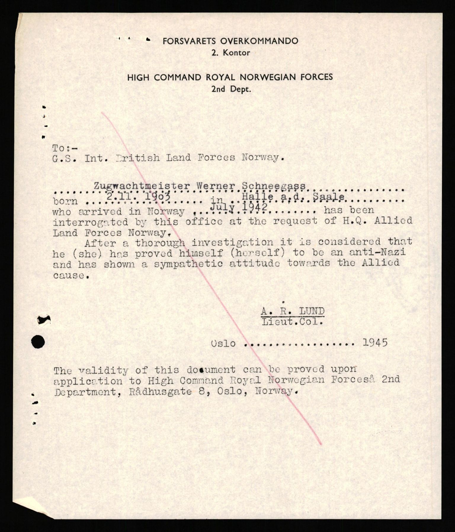 Forsvaret, Forsvarets overkommando II, AV/RA-RAFA-3915/D/Db/L0030: CI Questionaires. Tyske okkupasjonsstyrker i Norge. Tyskere., 1945-1946, p. 9