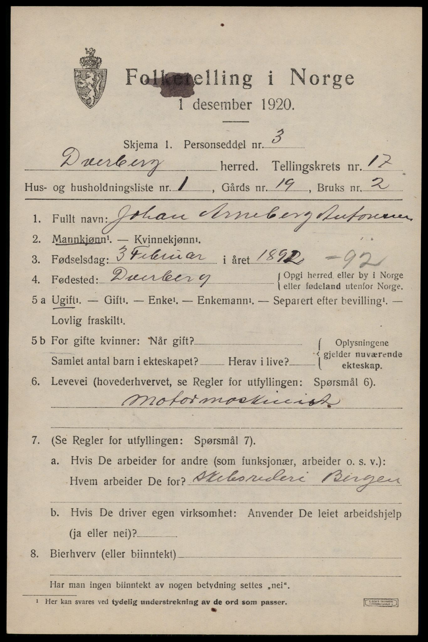 SAT, 1920 census for Dverberg, 1920, p. 11966