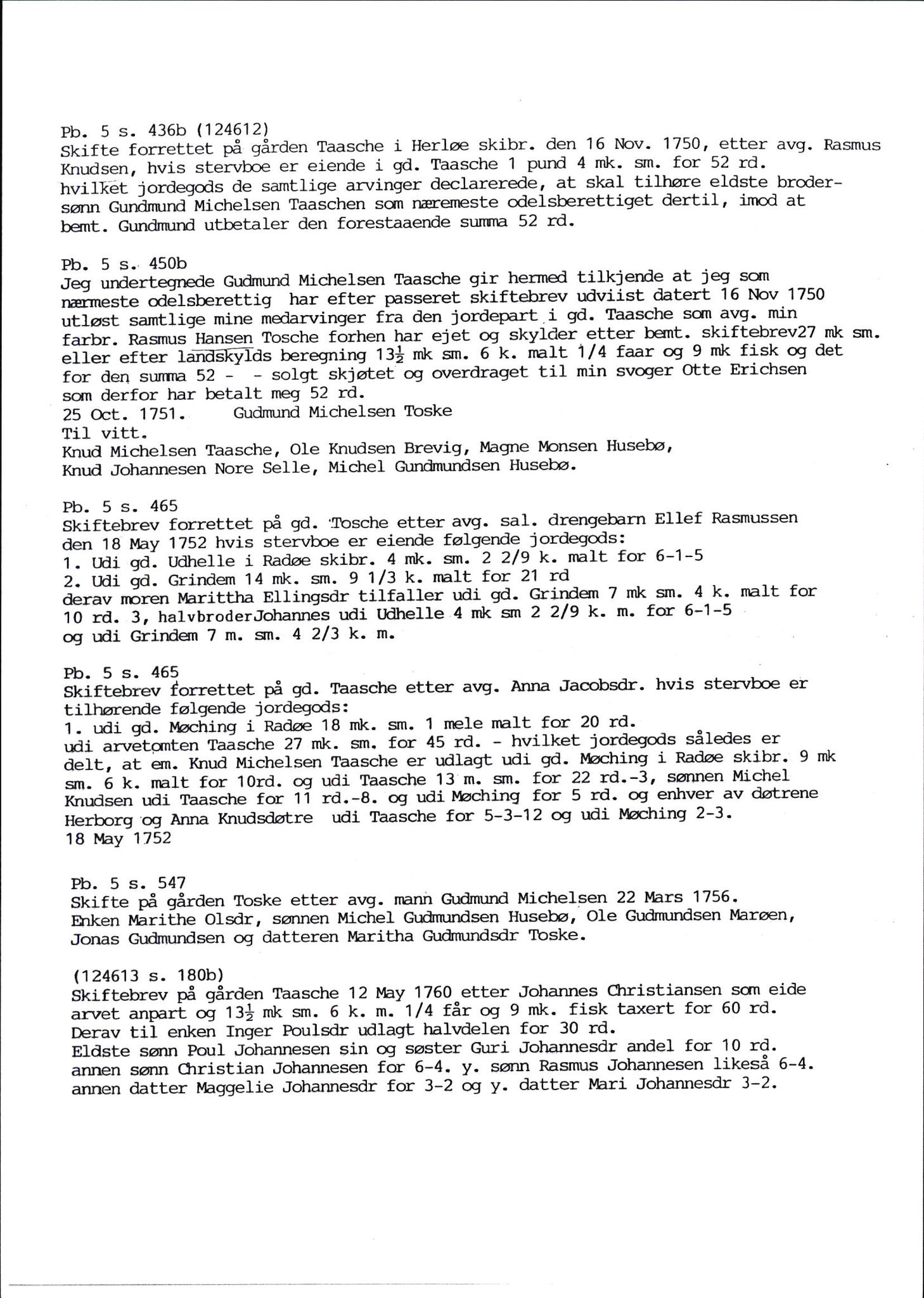 Samling av fulltekstavskrifter, SAB/FULLTEKST/D/12/0001: Skifter og andre opplysninger fra gårder i Manger prestegjeld (soknene Herdla, Bø, Sæbø og Manger) ca. 1700 - ca. 1800, 1700-1800, p. 52