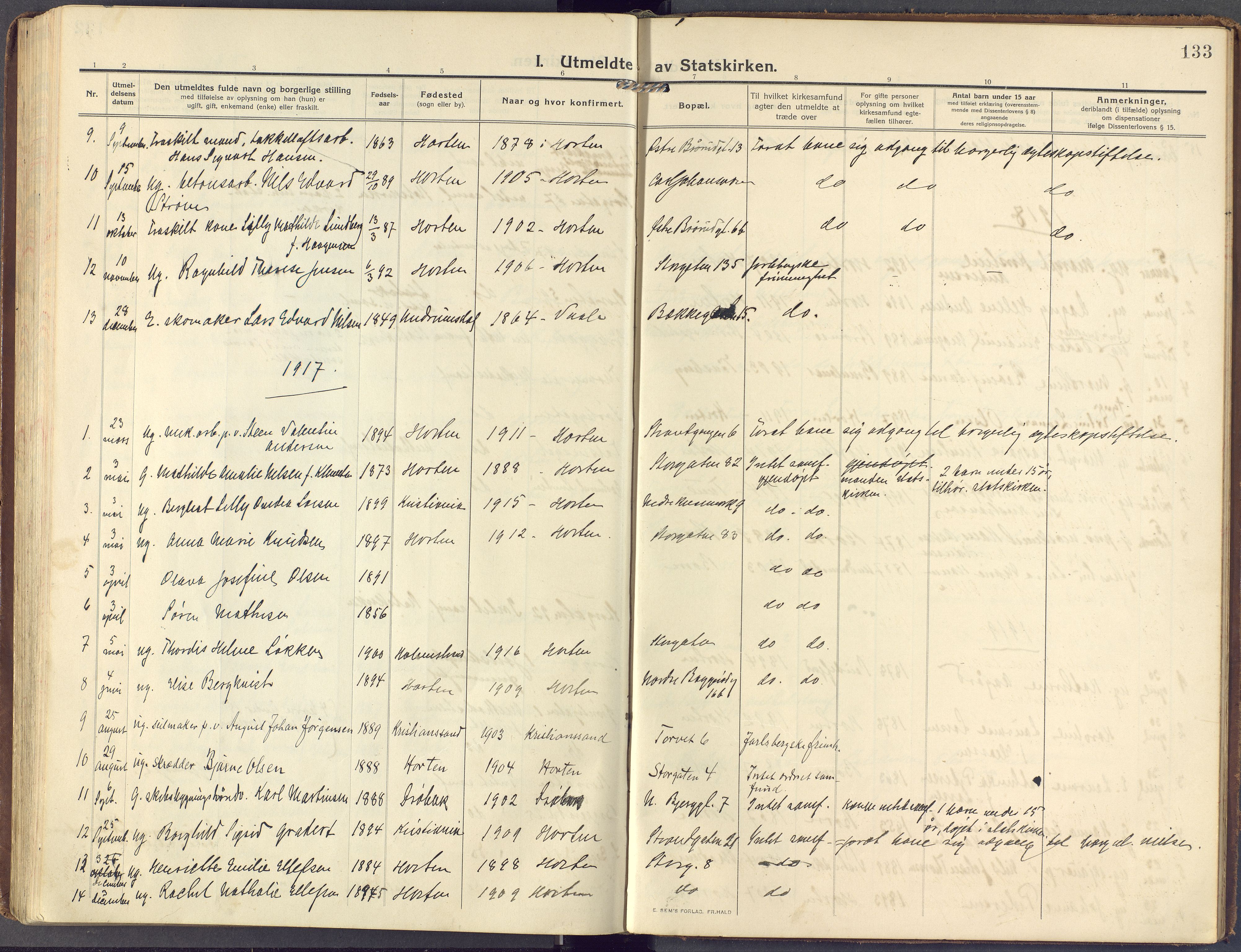 Horten kirkebøker, AV/SAKO-A-348/F/Fa/L0007: Parish register (official) no. 7, 1913-1926, p. 133