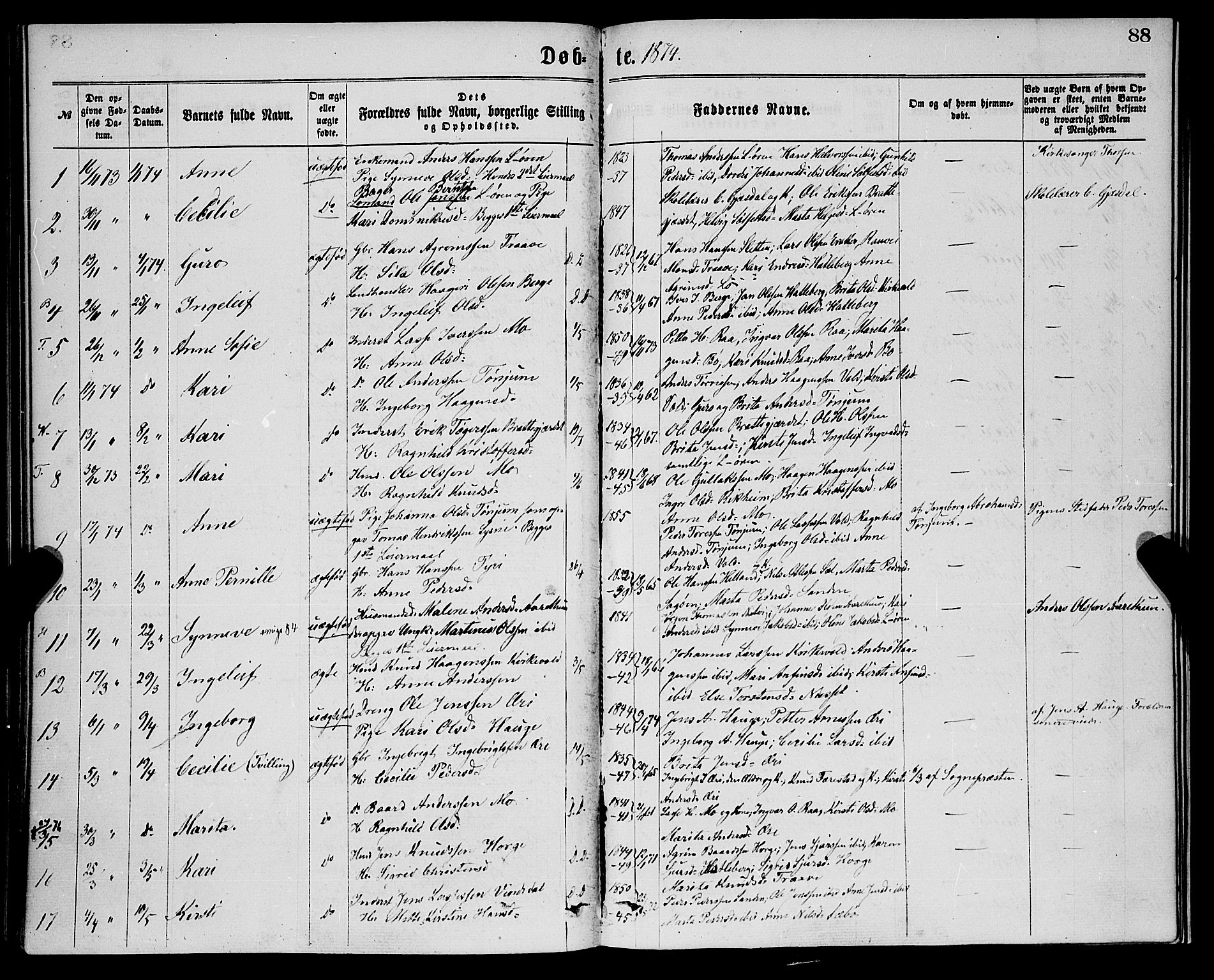 Lærdal sokneprestembete, AV/SAB-A-81201: Parish register (official) no. A 12, 1867-1877, p. 88