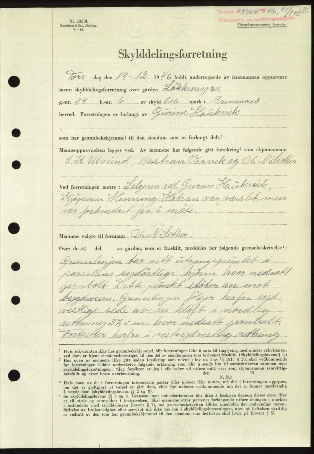 Nordmøre sorenskriveri, AV/SAT-A-4132/1/2/2Ca: Mortgage book no. A103, 1946-1947, Diary no: : 2706/1946