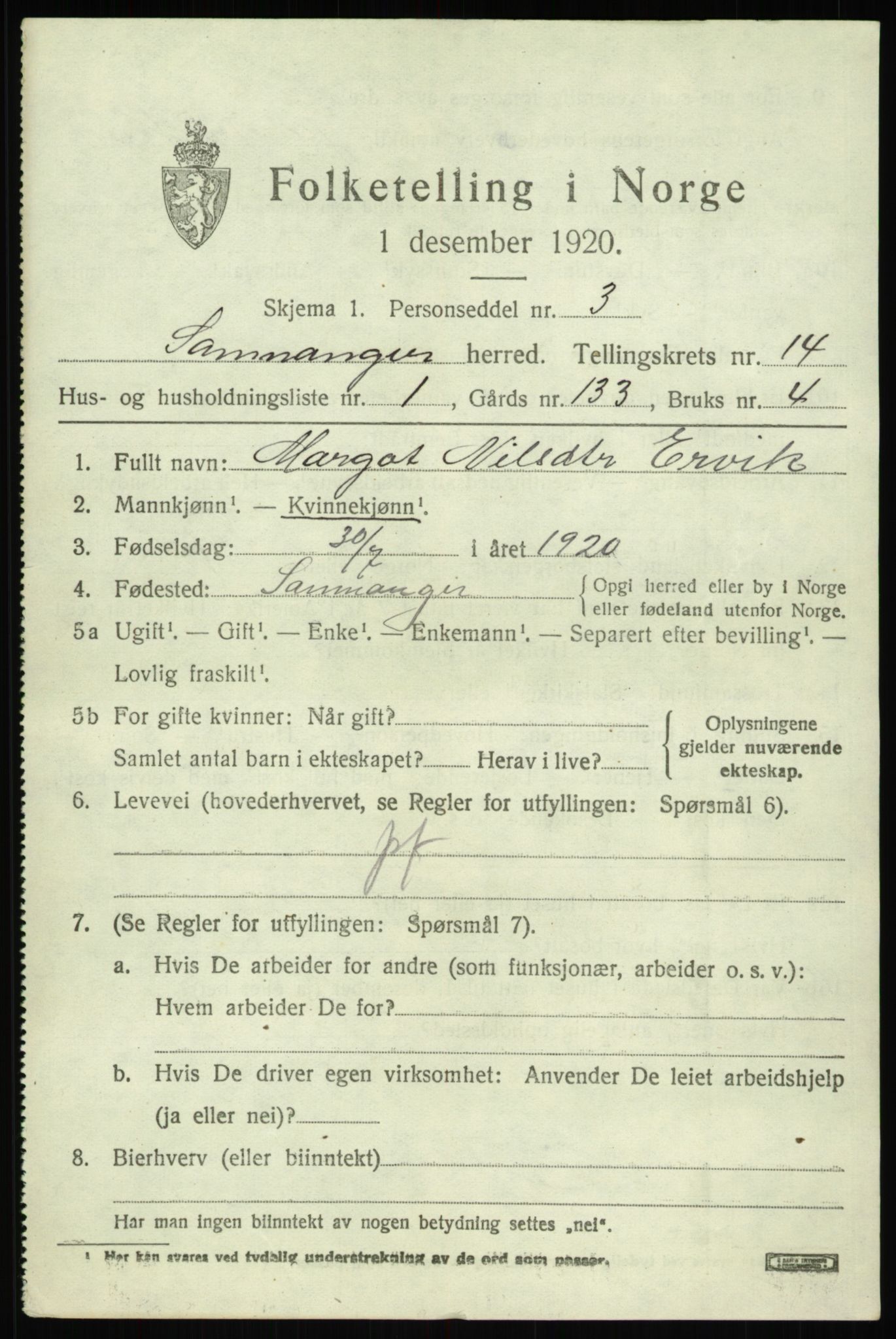 SAB, 1920 census for Samnanger, 1920, p. 5889