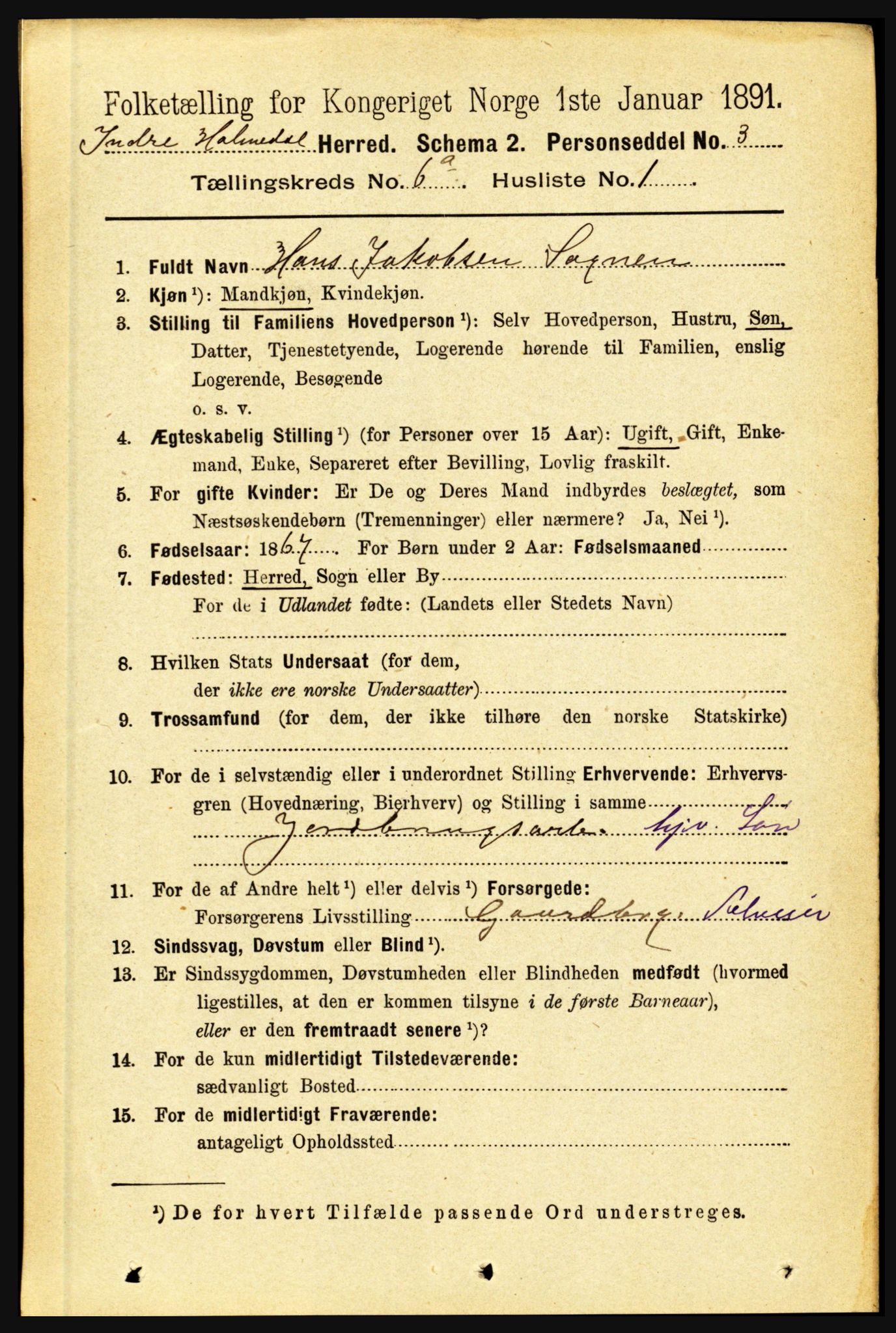 RA, 1891 census for 1430 Indre Holmedal, 1891, p. 2460