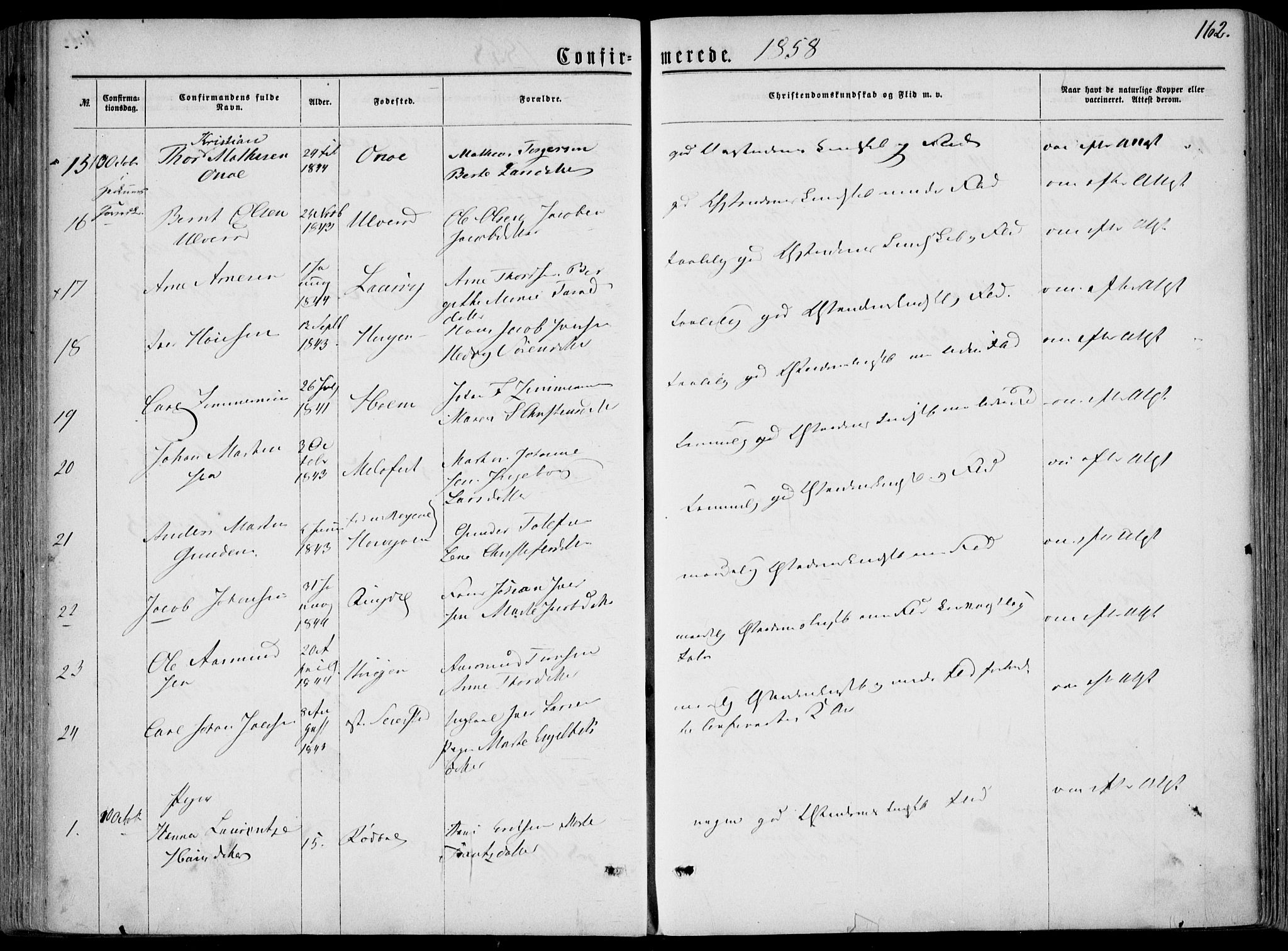 Hedrum kirkebøker, AV/SAKO-A-344/F/Fa/L0007: Parish register (official) no. I 7, 1857-1868, p. 162