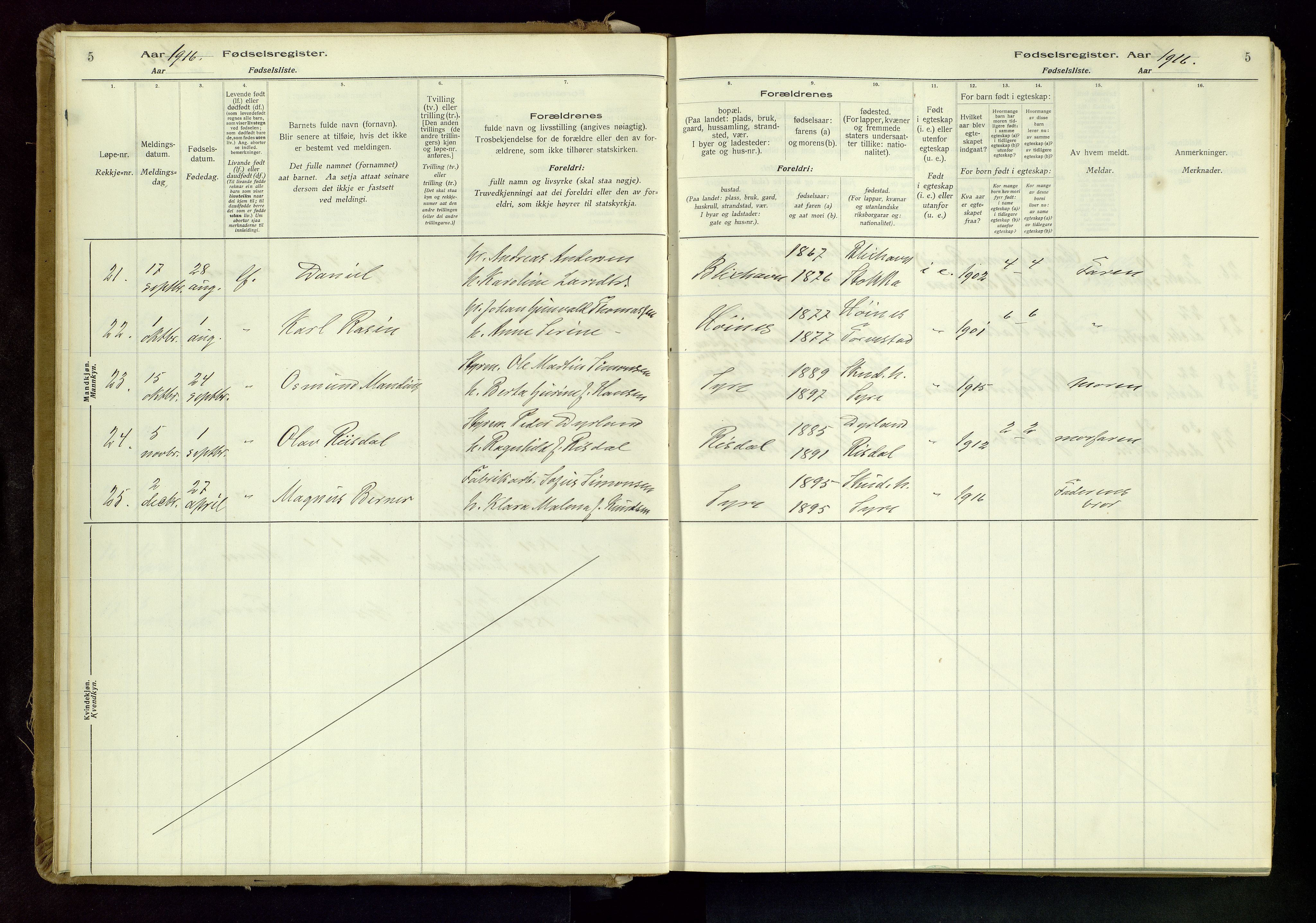 Skudenes sokneprestkontor, AV/SAST-A -101849/I/Id/L0001: Birth register no. 1, 1916-1964, p. 5