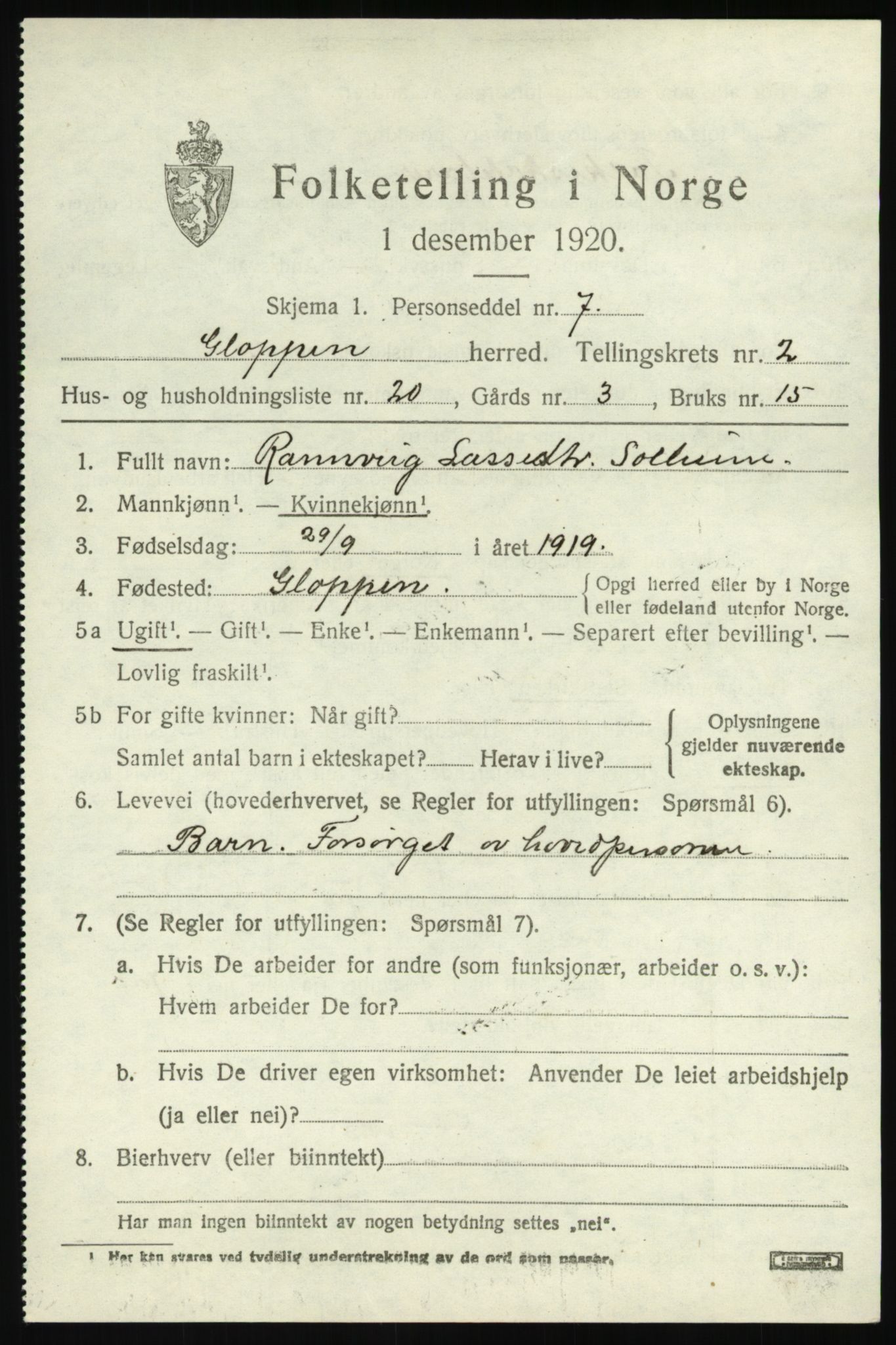 SAB, 1920 census for Gloppen, 1920, p. 1476