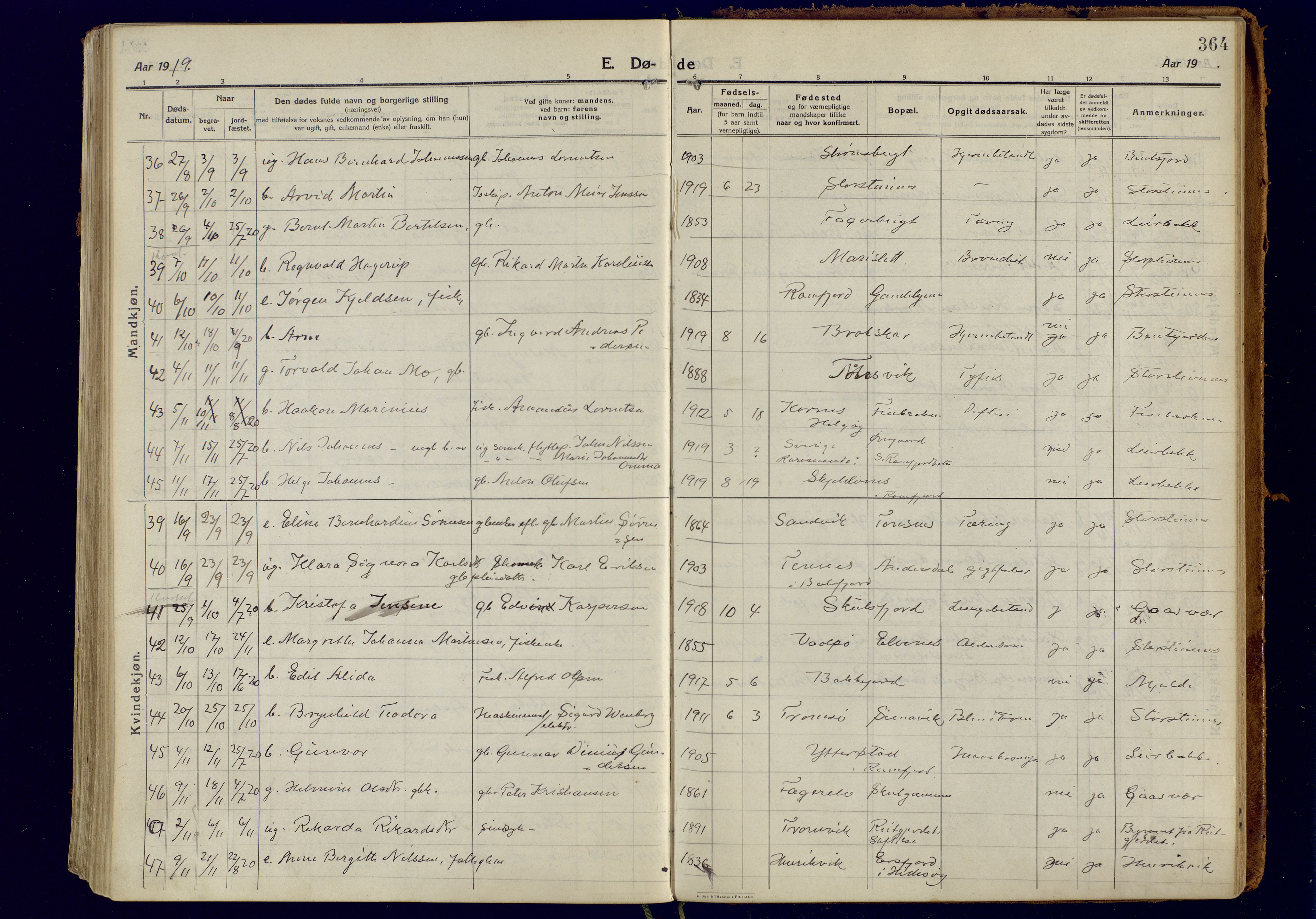 Tromsøysund sokneprestkontor, AV/SATØ-S-1304/G/Ga/L0008kirke: Parish register (official) no. 8, 1914-1922, p. 364